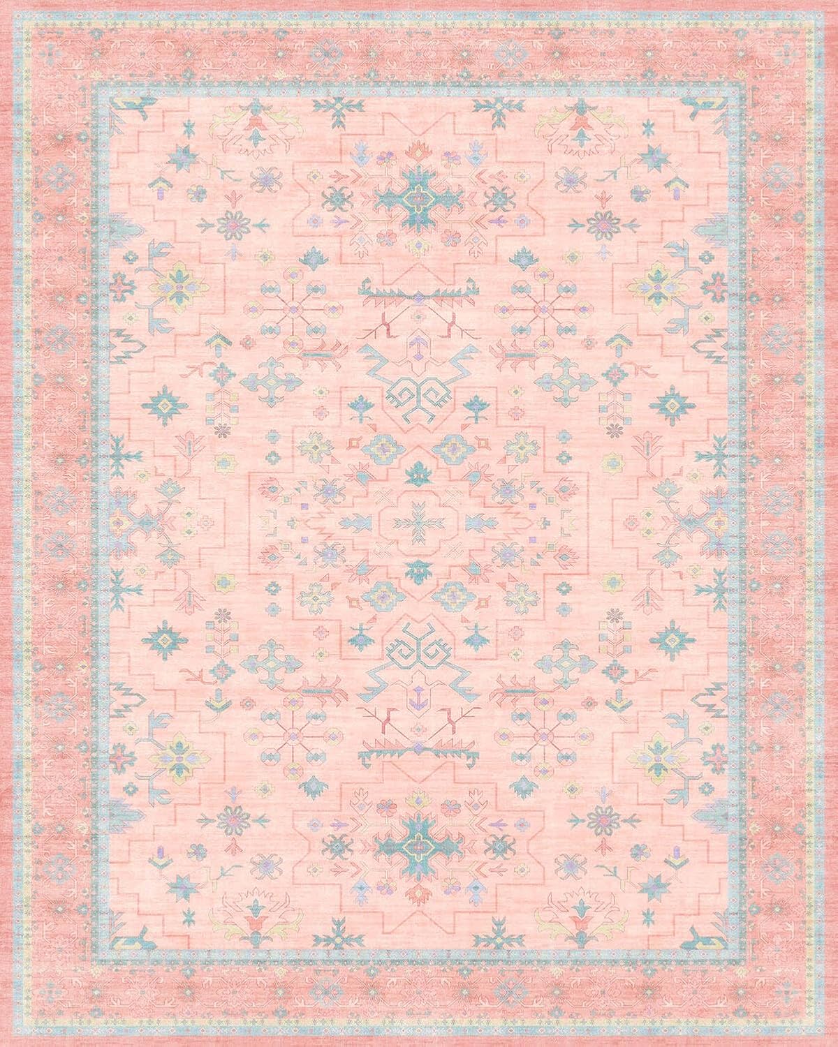 Oushak Rugs | Washable 9x12 Pink and Blue Area Rug - Modern Floral Design, Soft Faux Wool, Non-Slip
