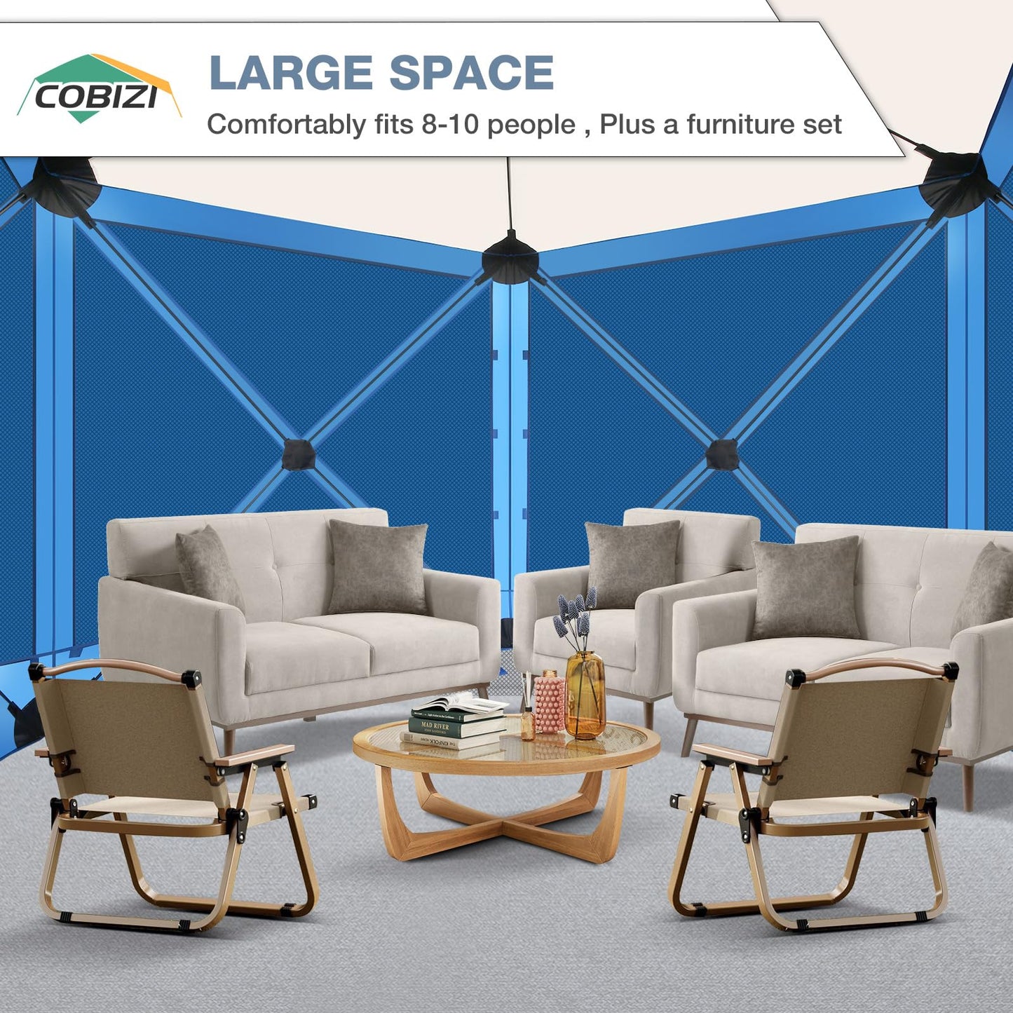 COBIZI 10x10 Pop Up Gazebo Screen Tent Screen House for Camping, Screen Room with Mosquito Netting, Hub Tent Instant Screened Canopy with Carrying Bag and Ground Stakes, Blue