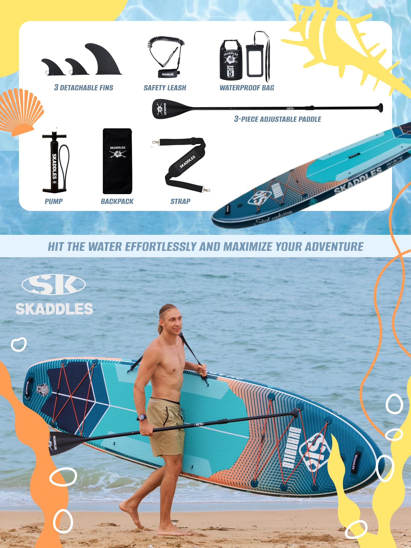 SKADDLES 11’6 × 35" Inflatable SUP–Super Wide, Stable Stand Up Paddle Board for Adults, Youth, Family & Pets, High Weight Capacity, Non-Slip EVA Deck, Premium Accessories (FLASHLINE · Strike Scale)