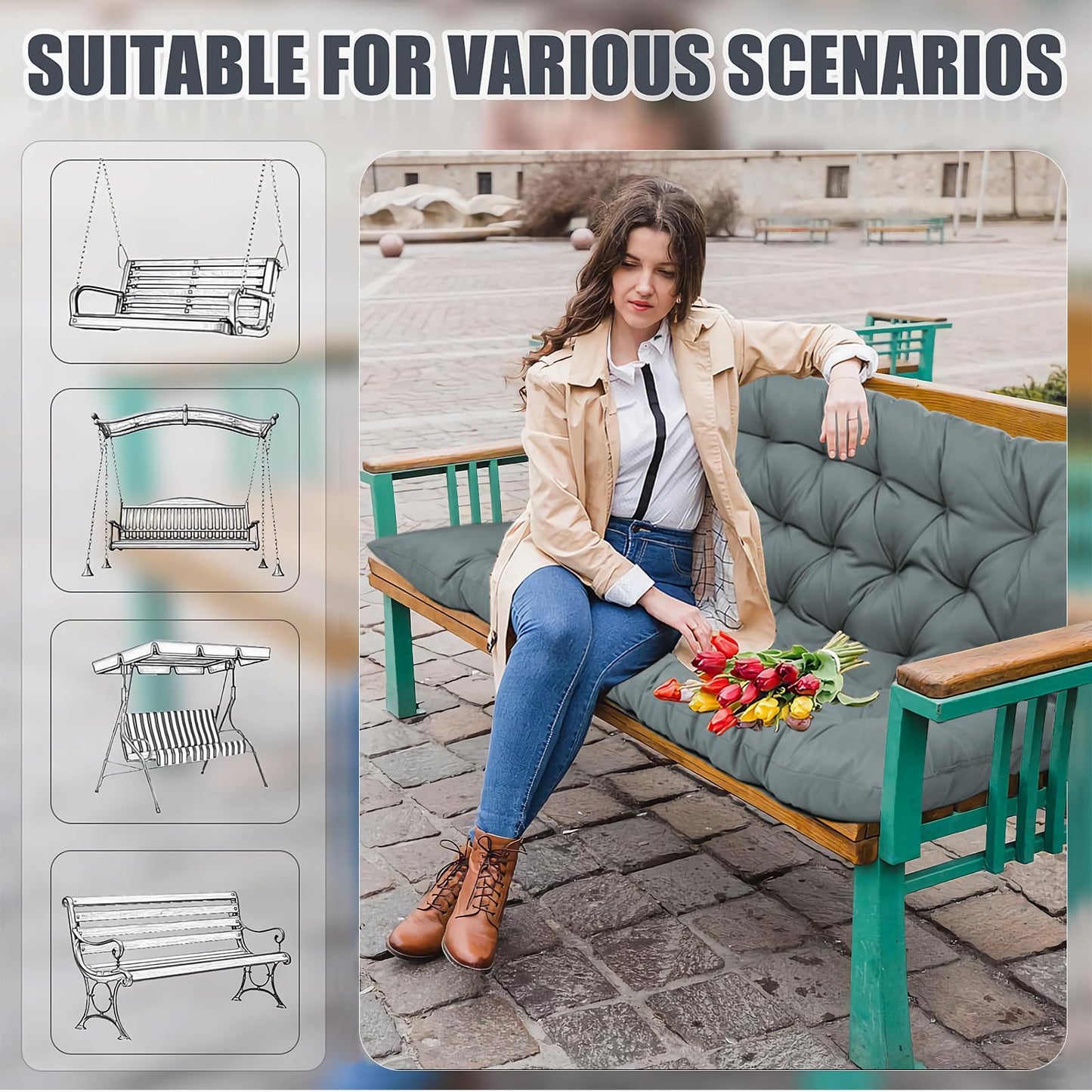 Outdoor Swing Cushions, 63inch Waterproof Three Seat Swing Replacement Cushions with Backrest and Ties, 4" Thicken Outdoor Porch Swing Cushions for Patio, Lawn and Garden (Light Gray, 40×63in)