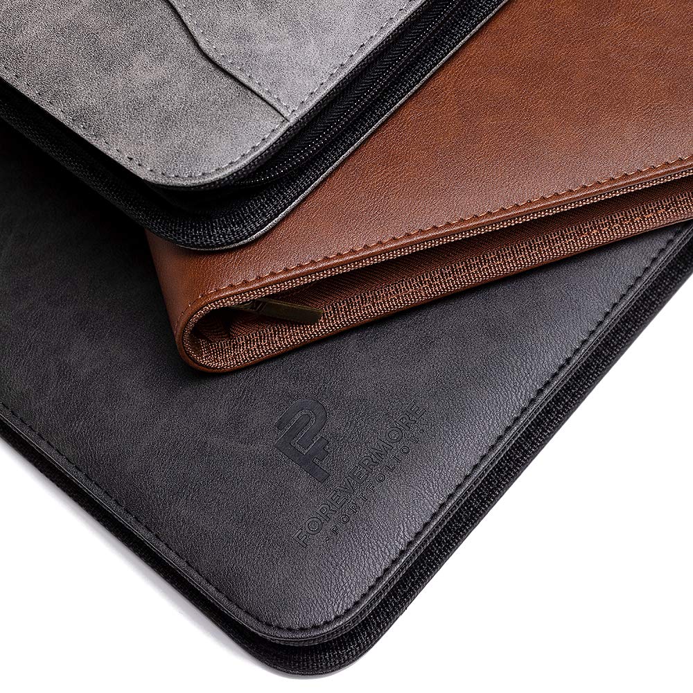 Forevermore Portfolios Portfolio Organizer - 3 Ring Binder with Notepad - 1.5 Inch Rings - Zippered Storage Pockets for Papers, Travel Documents, Presentation Folder, Cards, Passport, Tickets - Brown