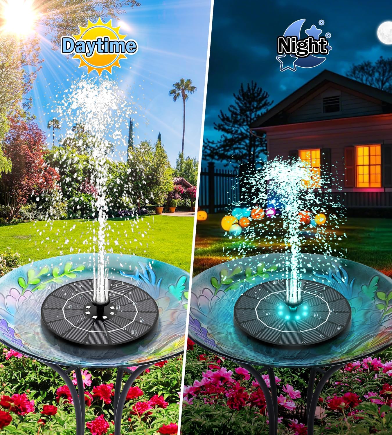 SZMP Solar Water Fountain - 2026 Upgrade 3.5W Bird Bath Pump with Color LED Lights & 7 Nozzles | Perfect for Garden, Patio, Pond, Pool