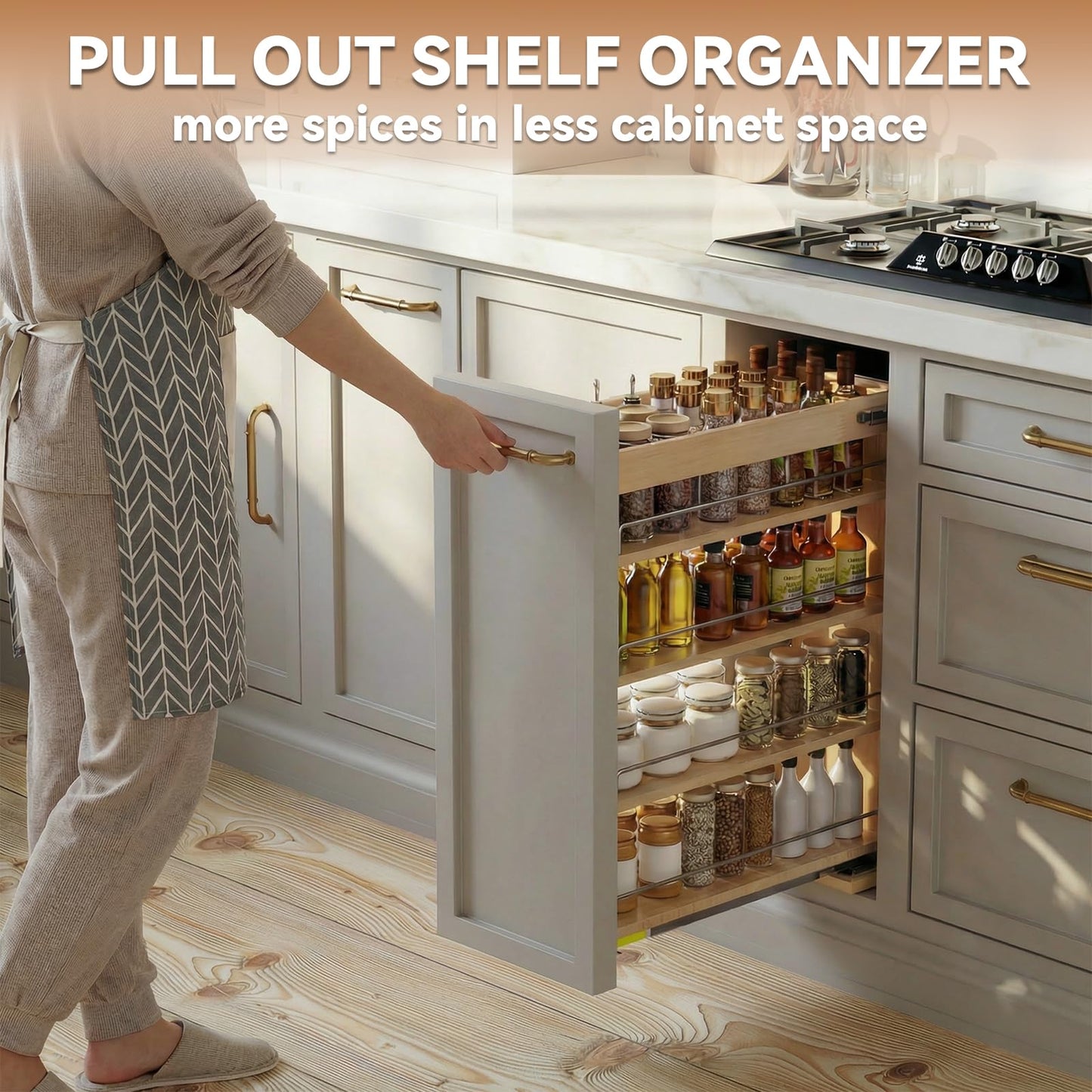 Grehitk Pull Out Spice Rack Organizer for Cabinet (6.5" W x 22.3" D x 25.2" H), Sliding Spice Rack for Kitchen Cabinet, Wood Pull Out Cabinet Organizer for Multi-Use