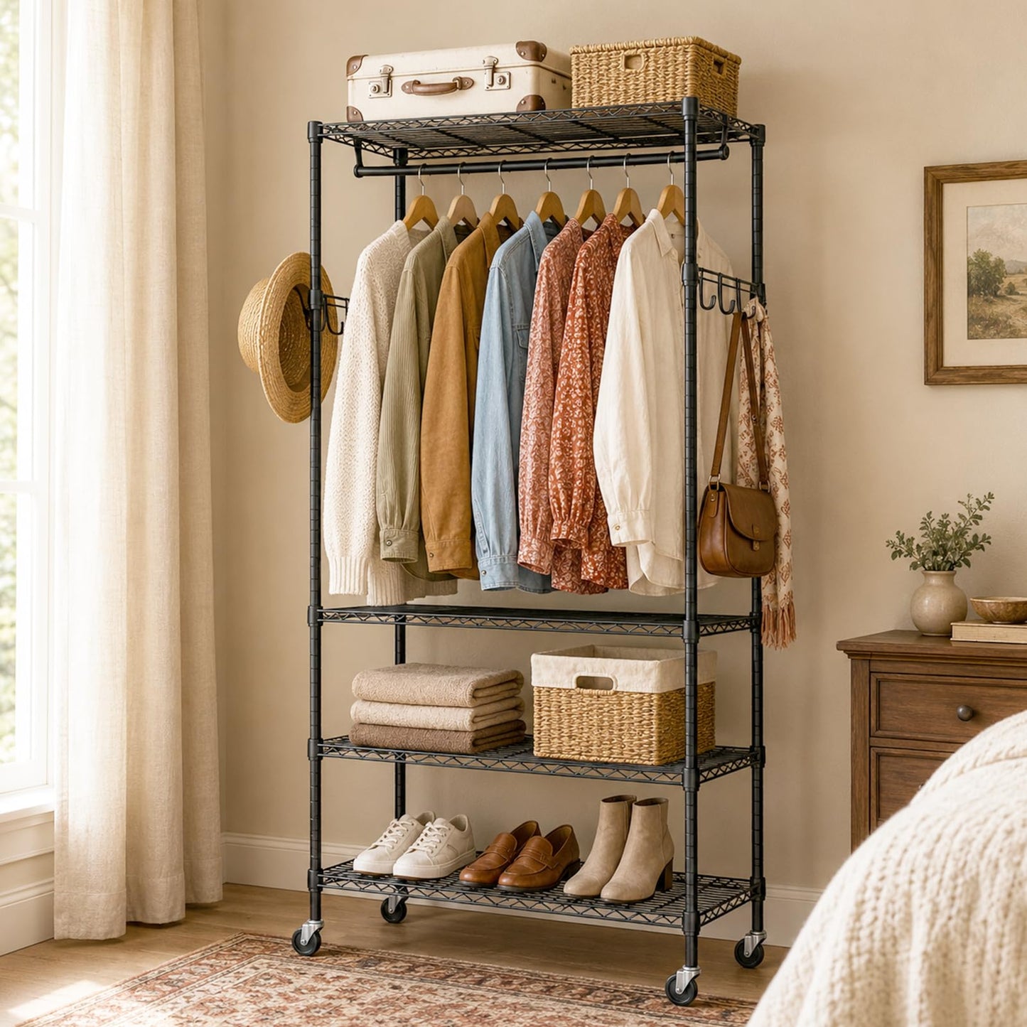 UEAKPIC 4 Tier Heavy Duty Wire Garment Rack, Adjustable Rolling Clothes Rack with Hanging Rod & Hook, Portable Closet Storage Organizers for Hanging Clothes, 35.4"W x 15.75"D x 70.9"H, 396LBS, Black