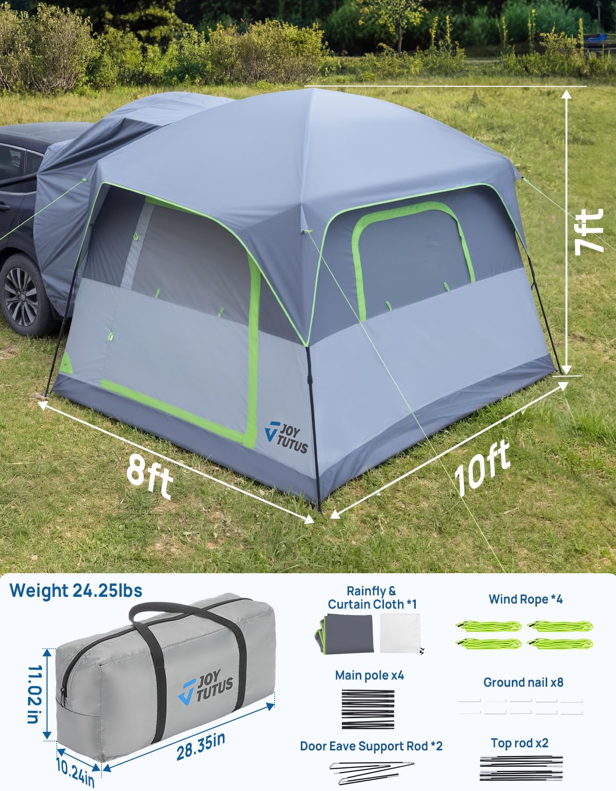 JOYTUTUS SUV Tent for Camping with Rainfly 2026 Upgrade, Strong Four Steel Frame Poles, 5-9 Person Big Car Tent with Ventilated Double Door, Movie Screen, 8' W X 10' L X 7' H, Fit for SUV CUV Van
