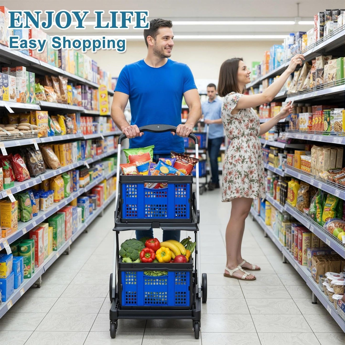 Collapsible Shopping Cart on Wheels, Folding Shopping Cart with 360° Swivel Wheels, Multi Use Utility Cart Adjustable Portable Trolley with 2 Storage Crate, Used for Picnic, Supermarket, Blue