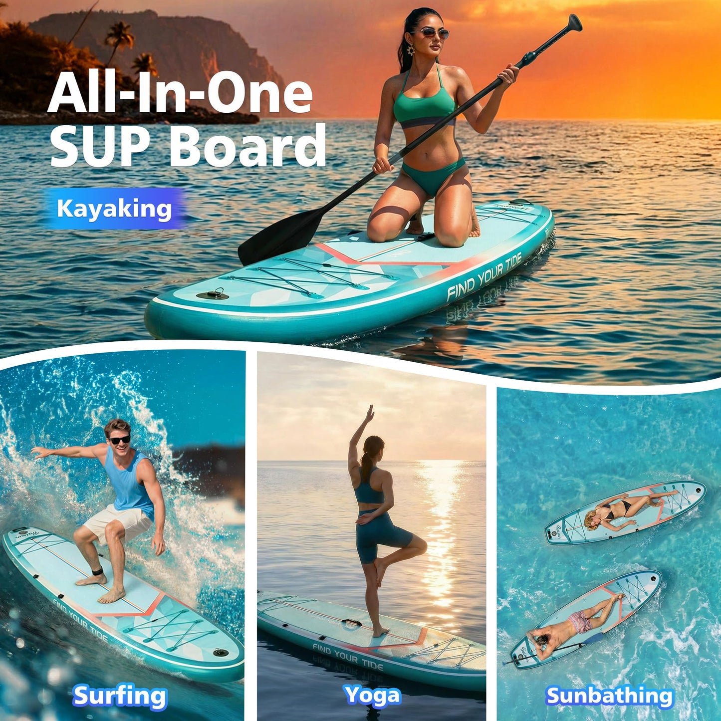 PRAISUN 12’ x 35” Inflatable Paddle Board, 450lbs Extra Wide Stand Up Paddleboard for Youth/Adults of All Skill Levels, Stable SUP with Seat & Full Kit, for Fishing, Yoga, Lake & Ocean, Mint Green