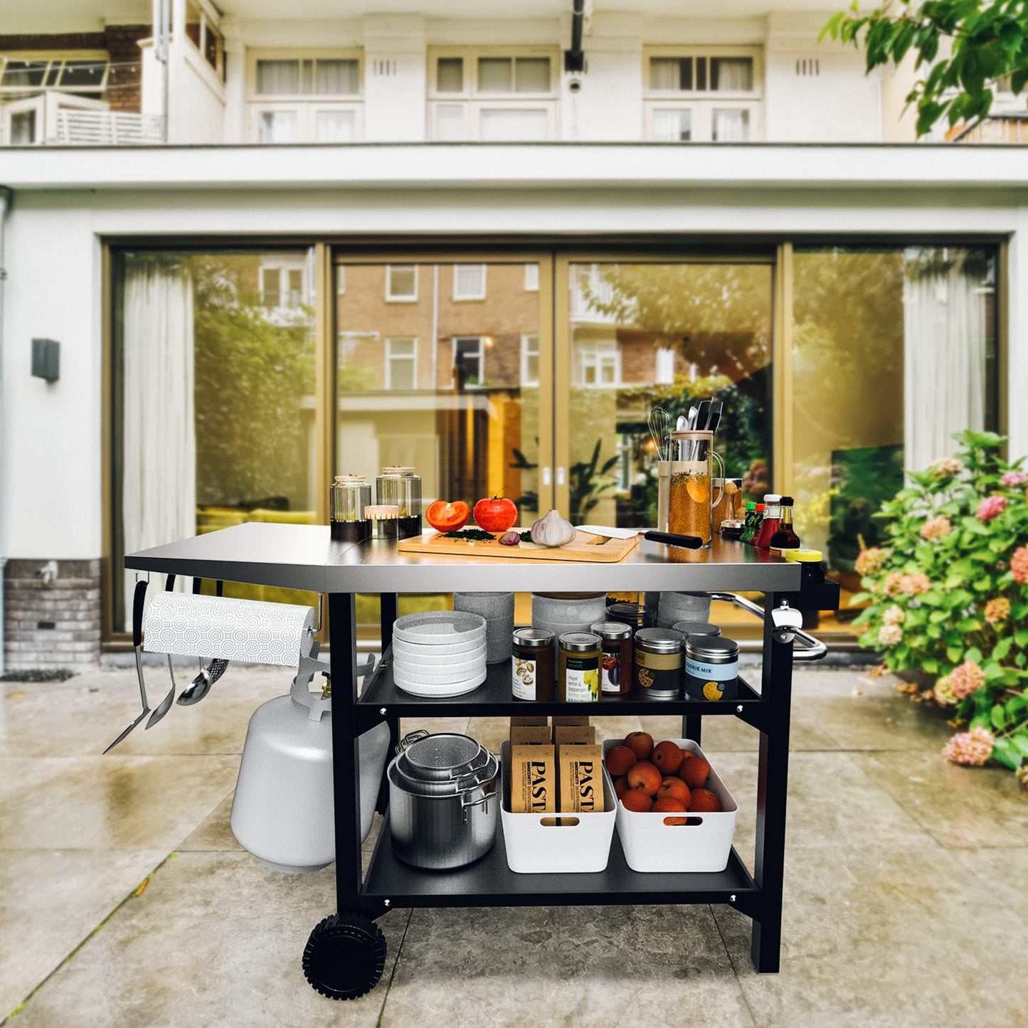 Skyflame Heavy Duty Pizza Oven Table & BBQ Prep Cart, Stainless Steel Rolling Grill Cart with Lockable Wheels, 3 Shelf Outdoor Workstation for Griddle/Patio – 170 lbs, No Wobble
