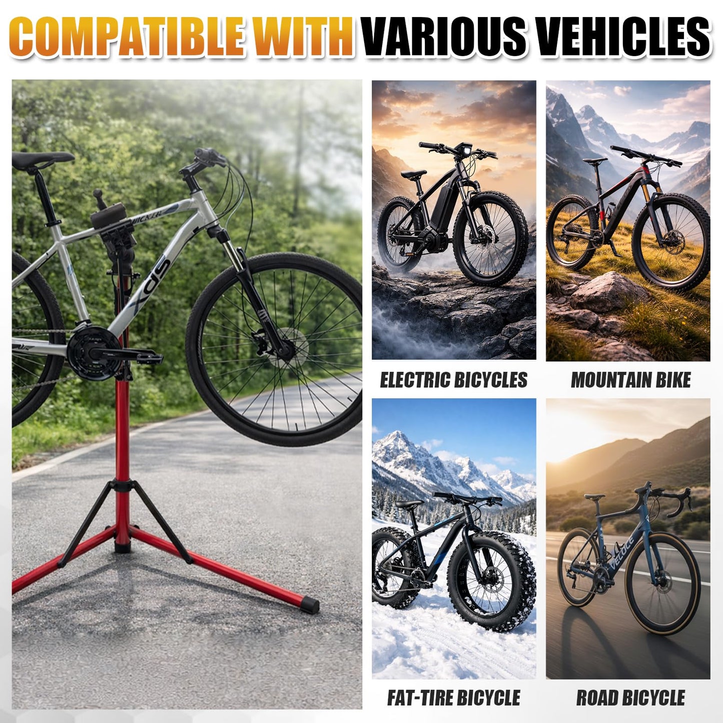 Bike Repair Stand Max 110 lbs, Portable Aluminum Bicycle Workstand for Electric, Heavy Duty Mechanic Maintenance Workstand with Tool Tray, Mountain and Road Bike (Red)