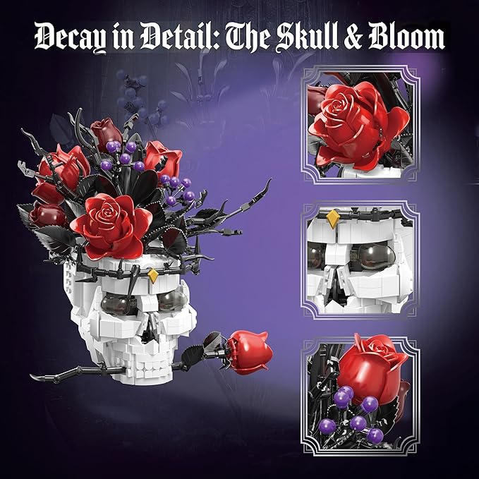Gothic Skull Roses Flower Building Set for Adults Horror Botanical Skeleton Pot Home Table Decor Cool Unique Collectible Halloween & Valentine's Day Gifts with Box (1376 PCS)