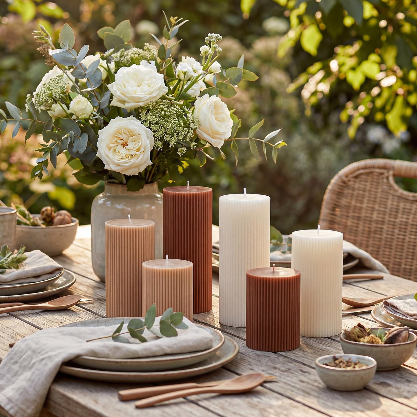 Lyrow 6 Pcs Ribbed Pillar Home Decorative Candles Aesthetic Modern Home Decor Soy Wax Unscented Pillar Candles Width 3" High 4" 6" 8" for Bathroom Living Room Wedding Dinner Party(Brown)