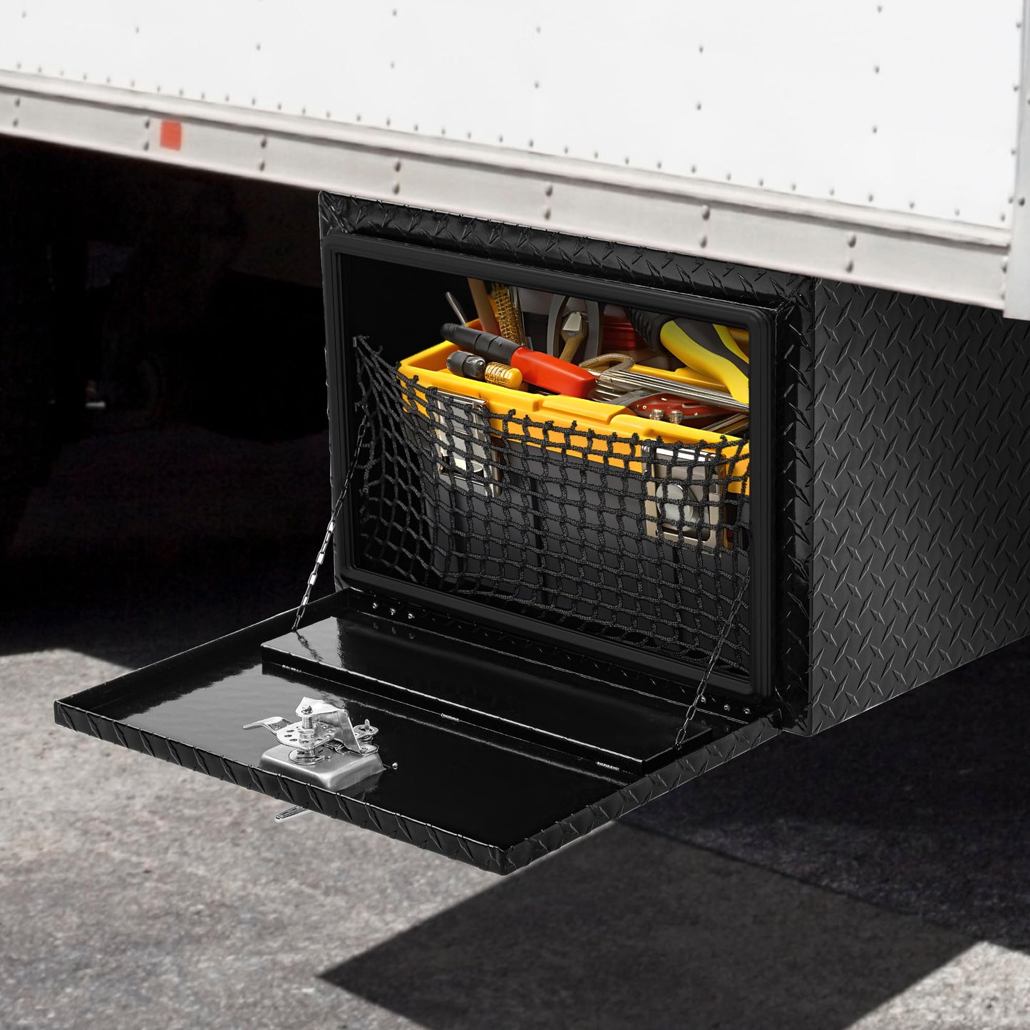 AUTOSAVER88 24 Inch Underbody Tool Boxes, Heavy Duty Aluminum Diamond Plate Toolbox Organizer, Waterproof Chest Storage Box with Lock for Trucks, Trailers, RVs, Warehouses, Black