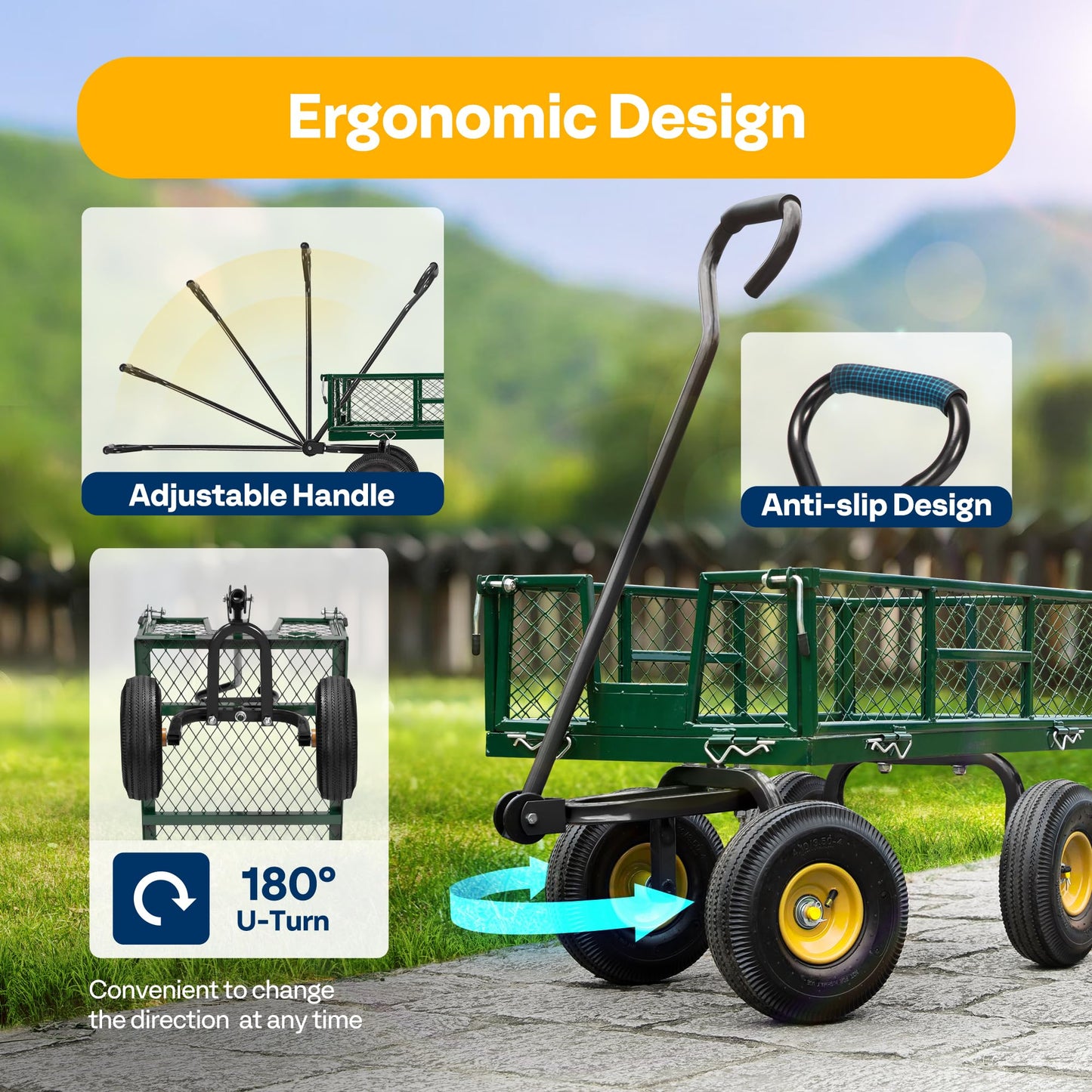 VIVOHOME Heavy Duty 880 Lbs Capacity Mesh Steel Garden Cart Folding Utility Wagon with Removable Sides and 4.10/3.50-4" Wheels 10 Inch Tire(Green)