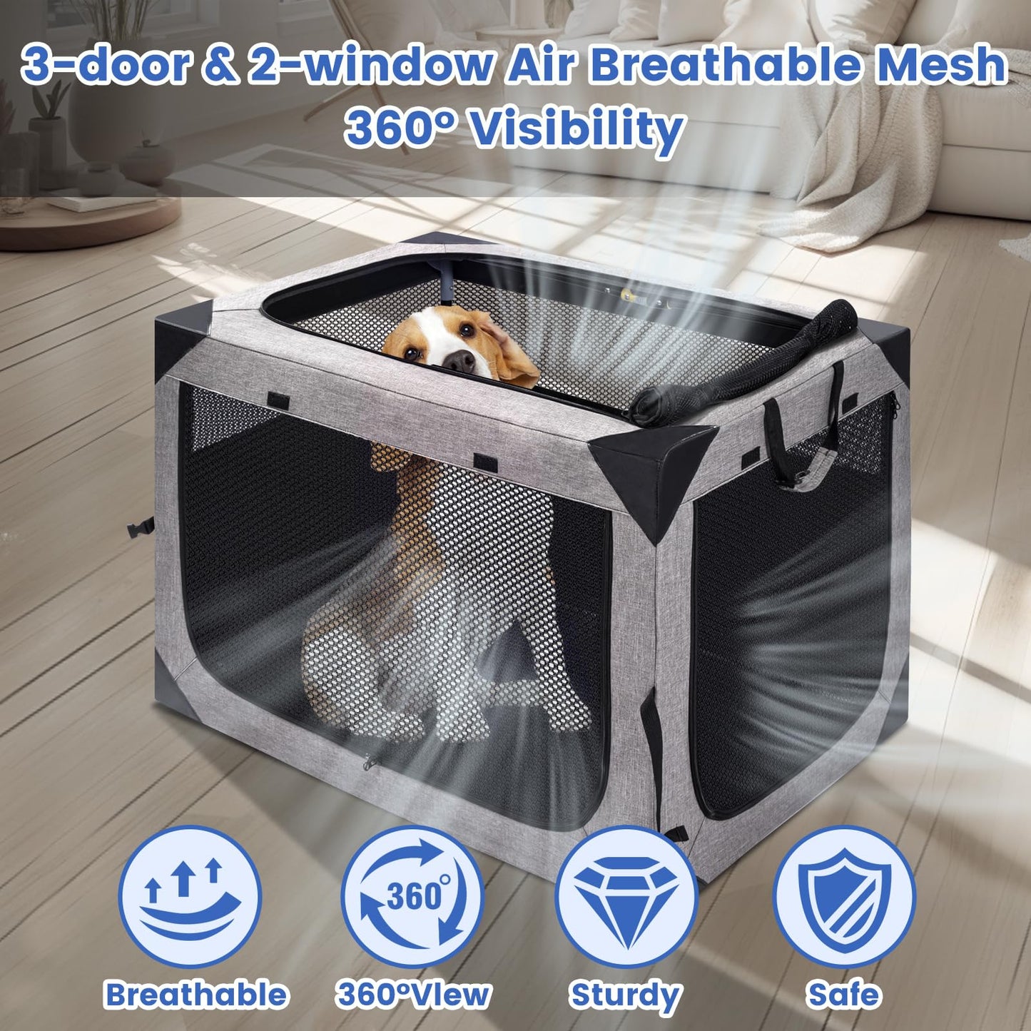 Dog Crate,36x25x25 Inch Large Dog Crate for Large or Medium Dogs, Portable and Foldable Design of Dog Cage, Perfect for Travel or Home Use, Dog Kennel with 3-Door and Durable Mesh Windows, Light Grey