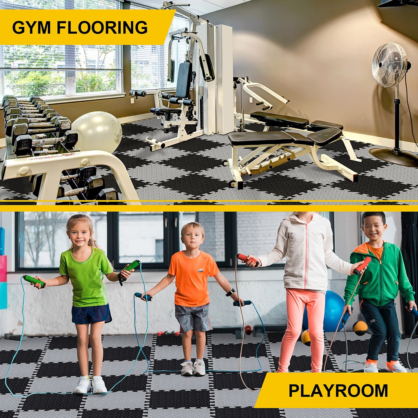 Ecally 100 Pcs 12 x 12 Gym Mat Foam Floor Mats for Home Gym Covers 96 Sq Ft Puzzle Exercise Square Interlocking Carpet Tiles with Border for Workouts Equipment Yoga Pilates (Black,Gray)