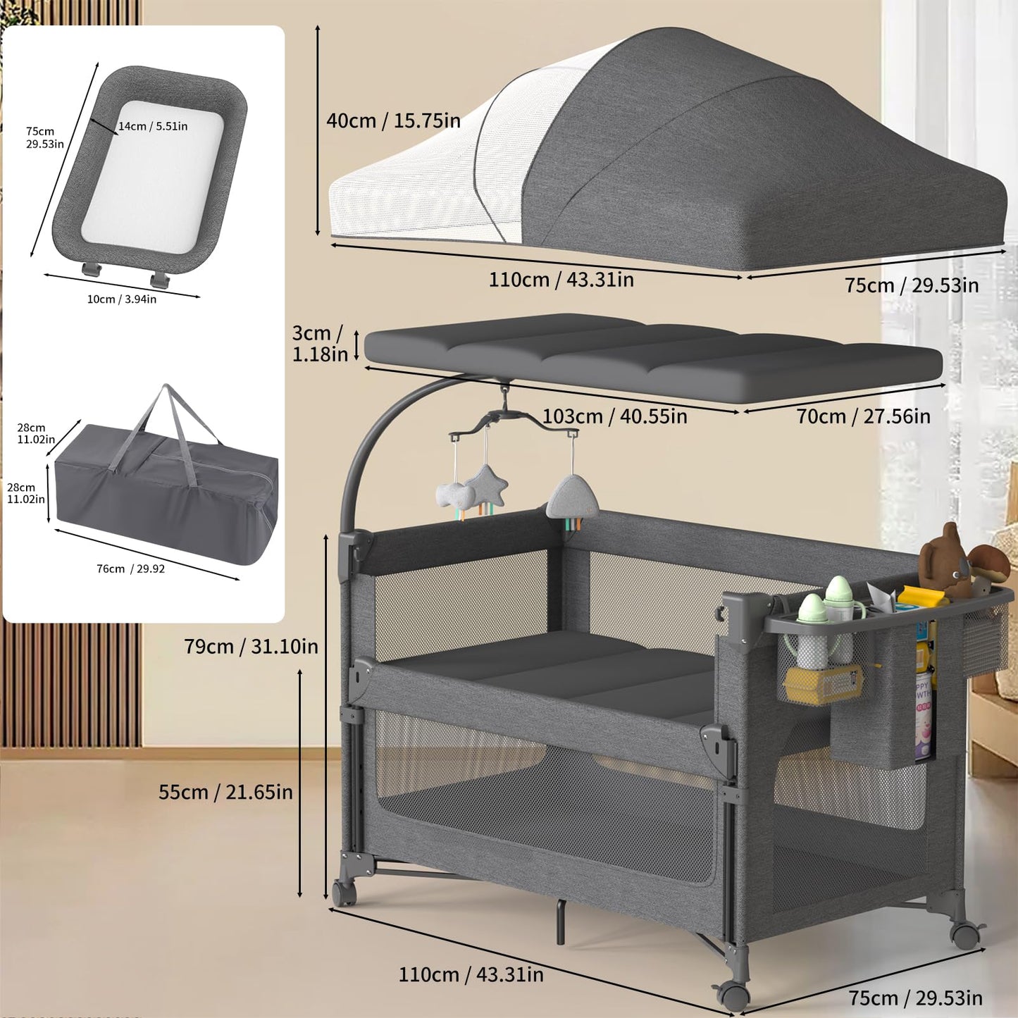 4 in 1 Baby Bassinet, Pack and Play with Mattress, Baby Crib with Wheels and Mosquito Net, Bedside Sleeper with Changing Pad, Portable Playpen Foldable Playard for Babies and Toddlers