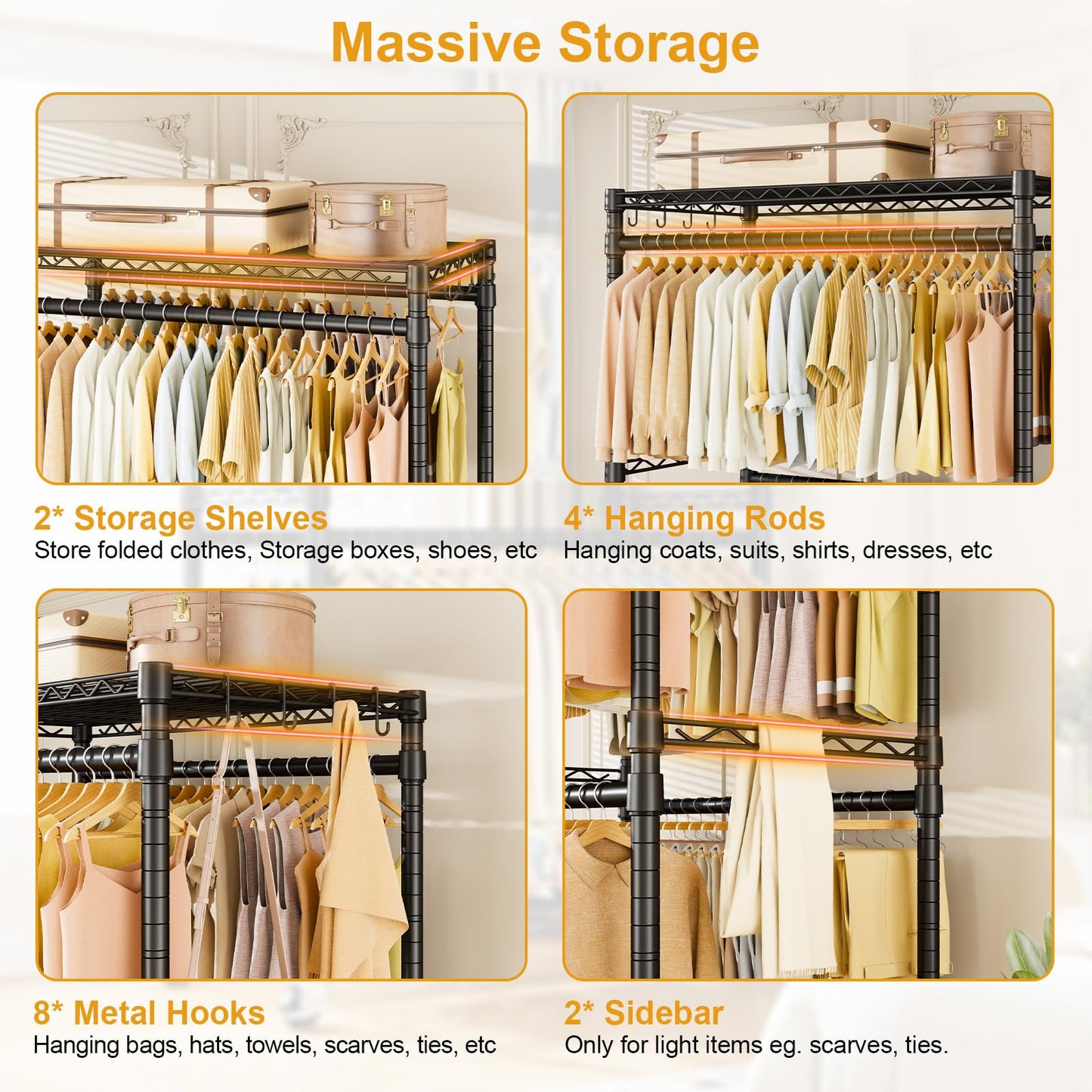 ULIFHOME P4 Plus Rolling Clothes Rack Heavy Duty, Clothing Racks for Hanging Clothes, Free Standing Garment Racks with Wheels, Portable Closet Rack 45''W × 20.5''D × 80.5''H, Max Load 570 Lbs, Black