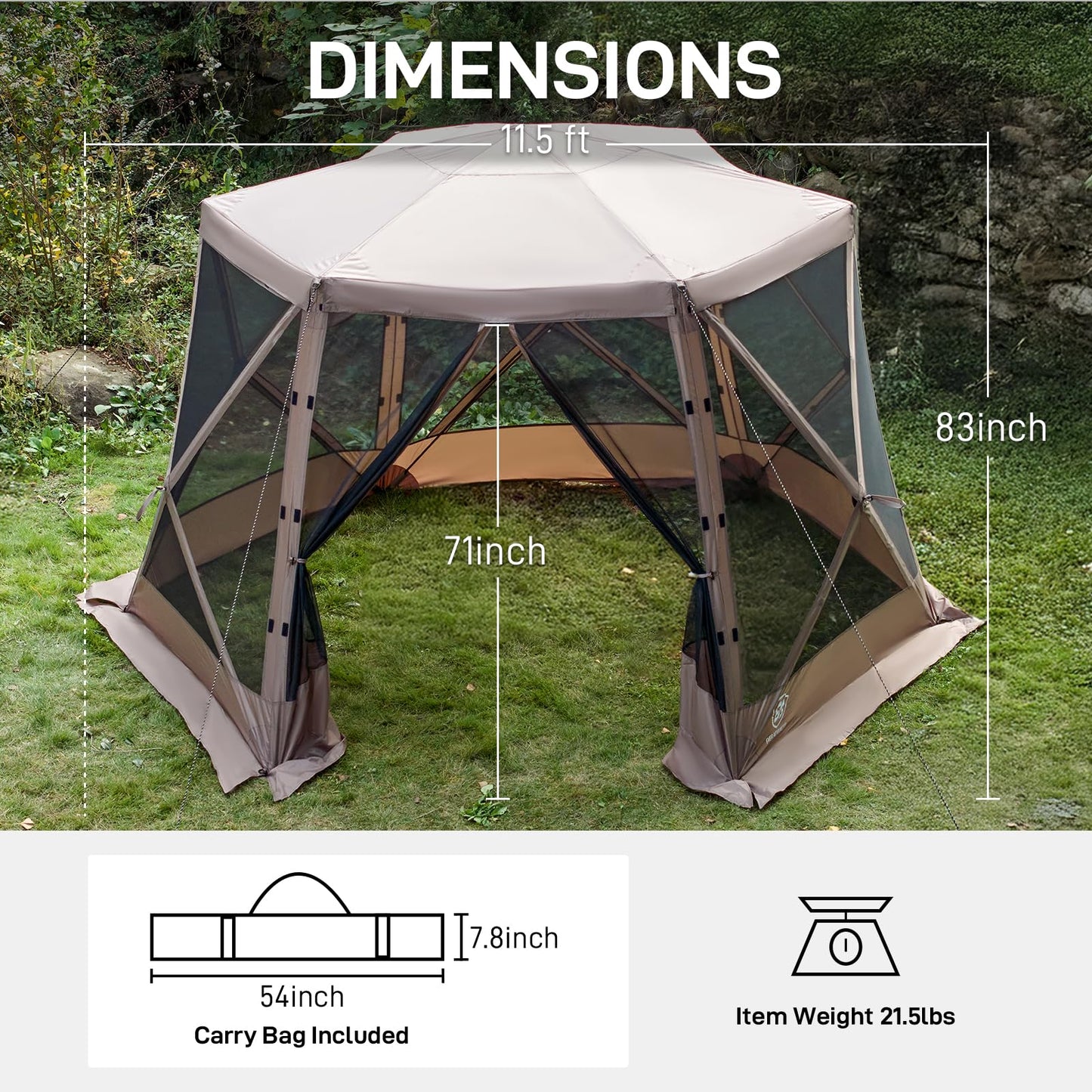 EVER ADVANCED Pop up Screen House Tent for Camping 11.5 x 9.8 ft, Instant Screened Gazebo Canopy with Netting, Portable Shelter Enclosure for Outdoor, Backyard, Khaki