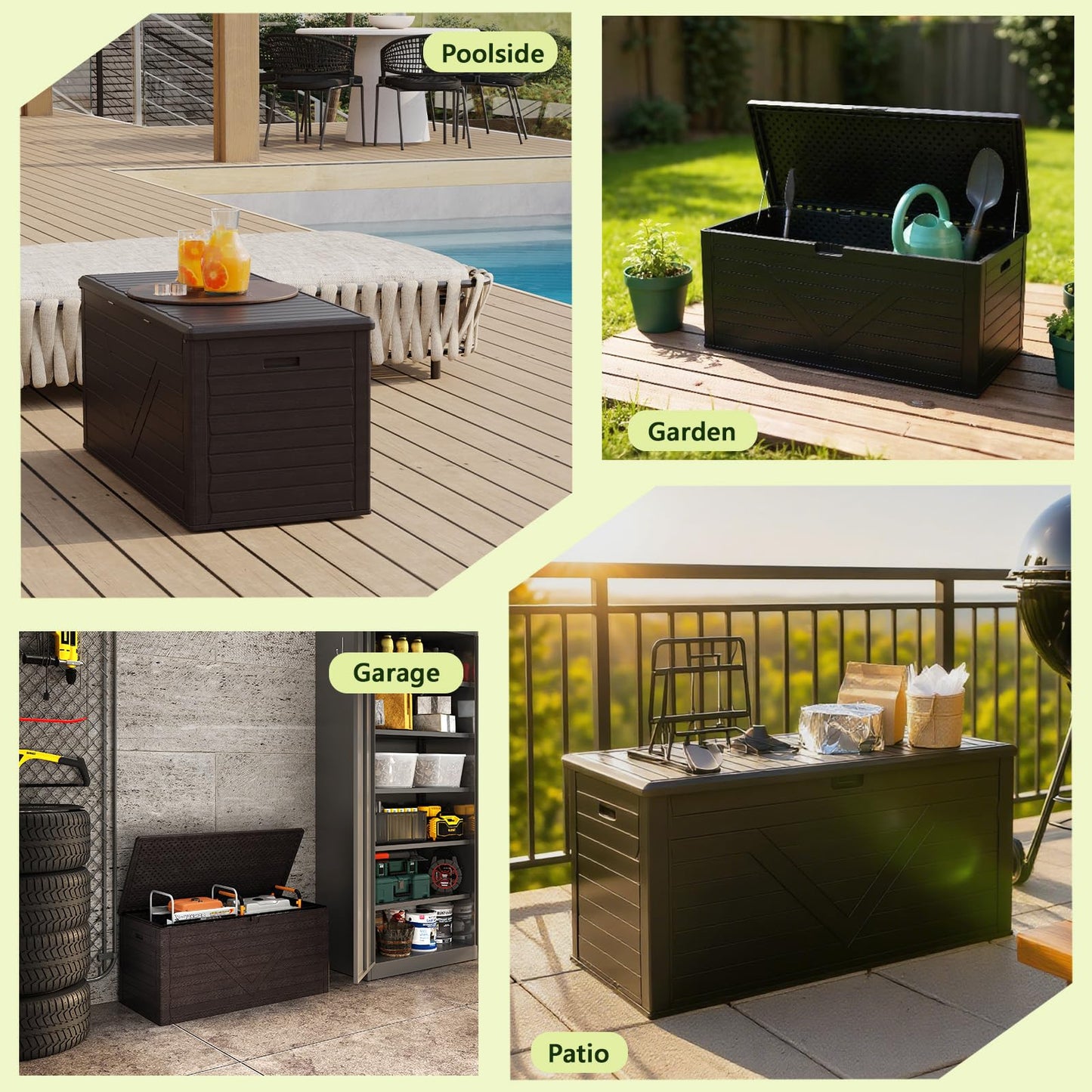 MAKE CHANGES 260 Gallon Outdoor Storage Box, Waterproof Resin Double-Wall Deck Box Organizer with Removable Dividers for Patio Cushion Storage, Lockable Outside Container for Garden Tools