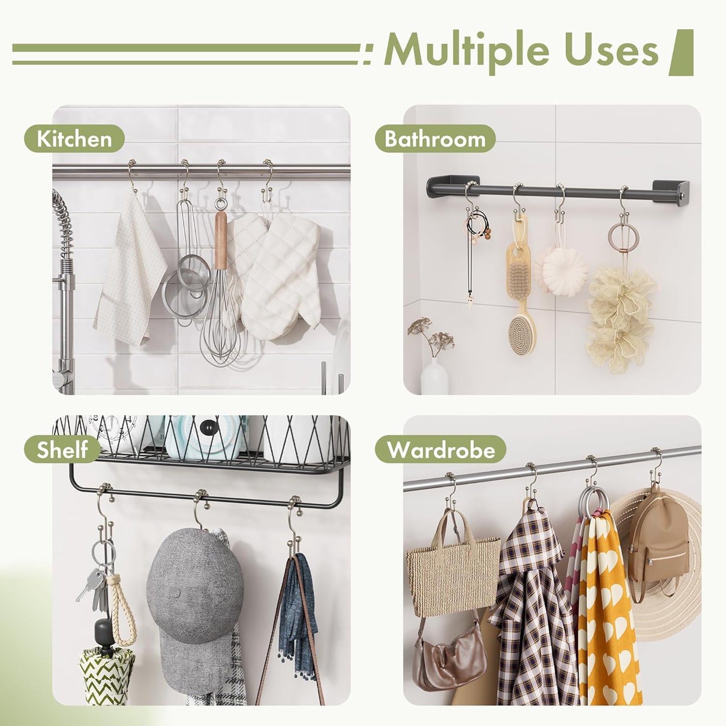 Amazer Shower Curtain Hooks - 12PCS Rust-Resistant Metal Double Rings for Smooth Rolling | Nickel Finish