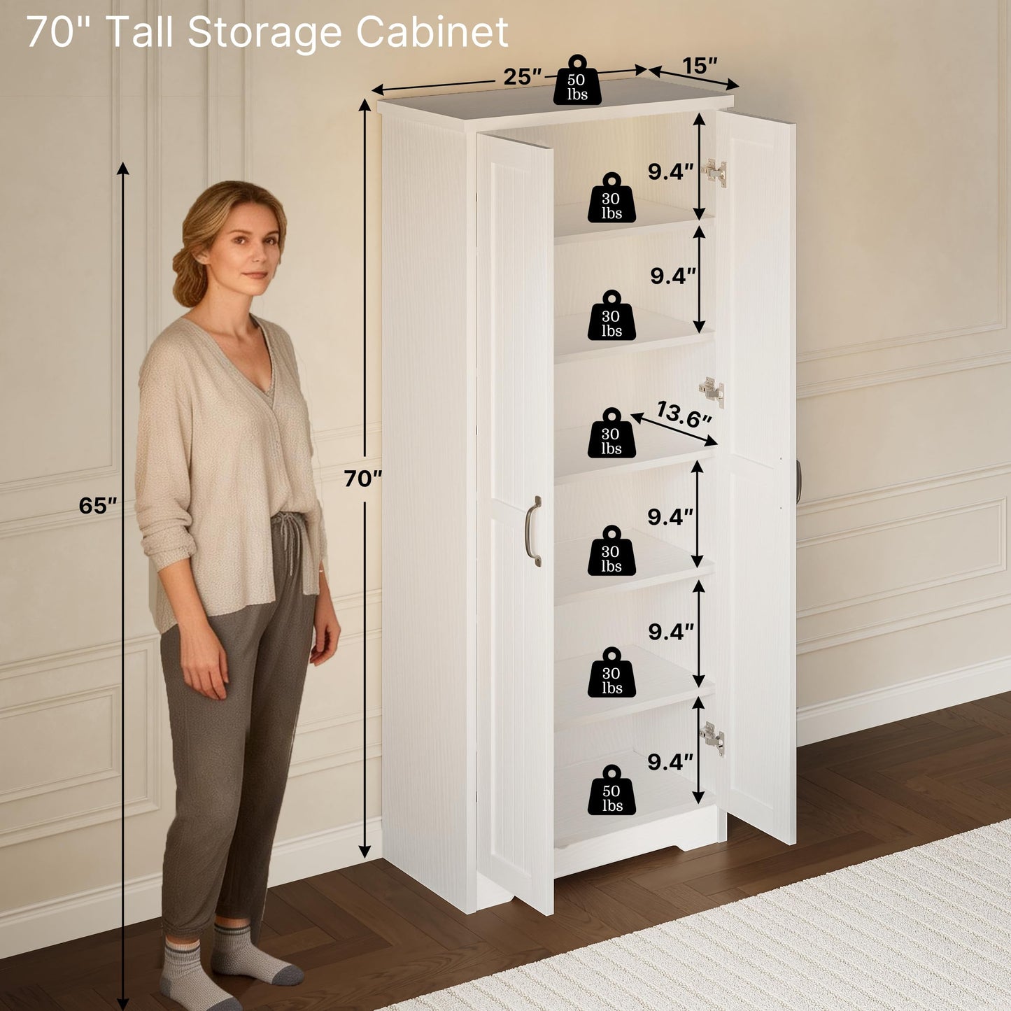 Decofy 70" Tall Storage Cabinet, Large Wood Storage Pantry Cabinet with 6 Adjustable Shelves & 2 Doors, Standing Utility Storage Cabinets for Kitchen, Bathroom, Dining Room (Soft White)