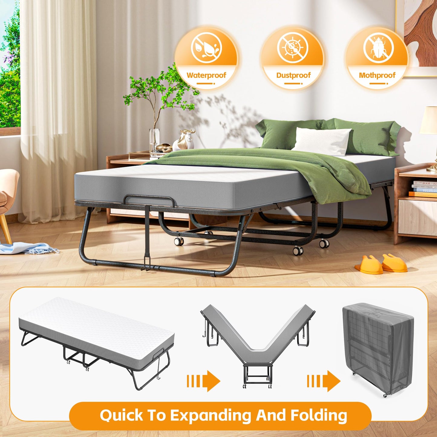 INTERGREAT Folding Bed with Mattress, Roll Away Beds with Mattress for Adults, Single Cot Foldable Rollaway Beds, 75" x 31" Portable Bed for Easy Storage, Strong Frame for Guest Room, Small Apartment