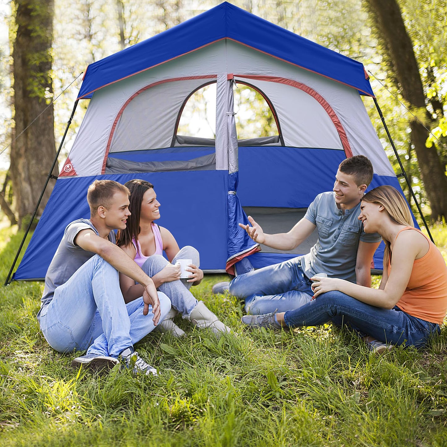 HIKERGARDEN 6 Person Camping Tent - Portable Easy Set Up Family Tent for Camp, Windproof Fabric Cabin Tent Outdoor for Hiking, Backpacking, Traveling (Blue)