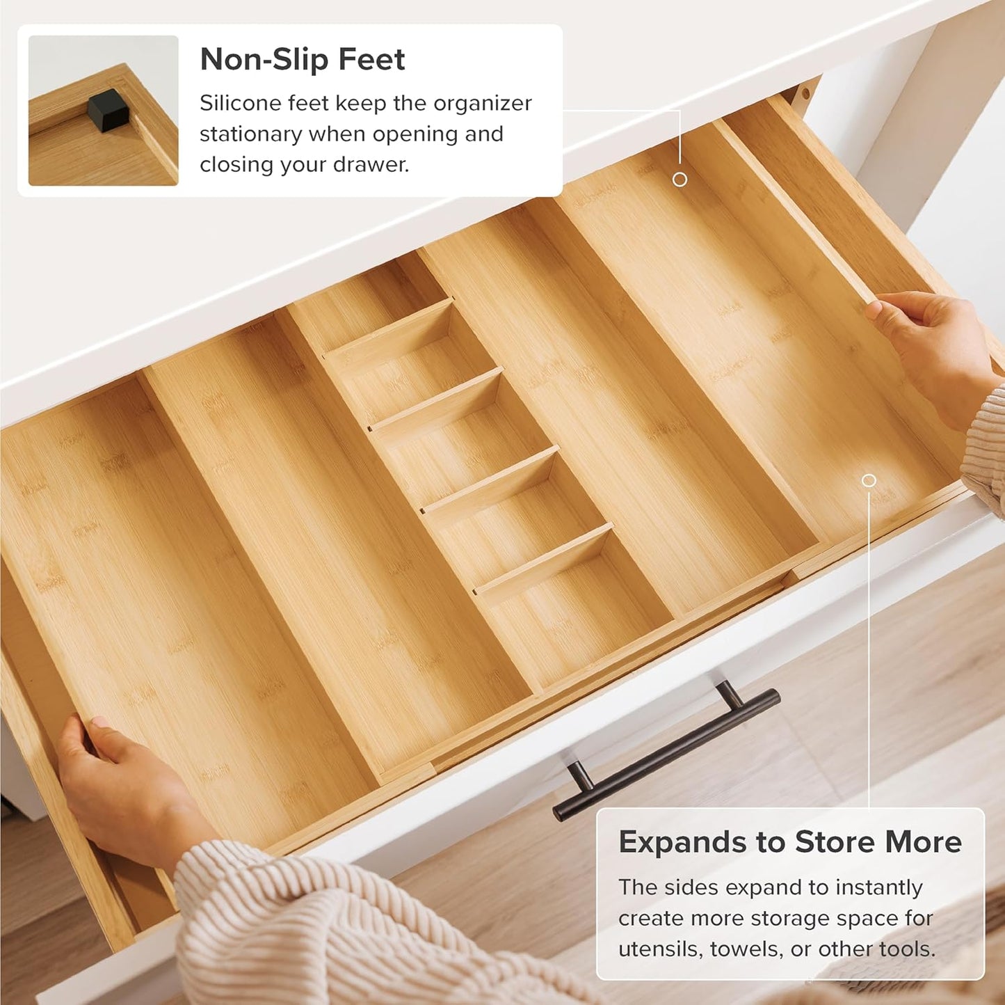 KitchenEdge Adjustable Bamboo Drawer Organizer - Expandable Utensil Storage with 9 Compartments, 28 Inches Wide