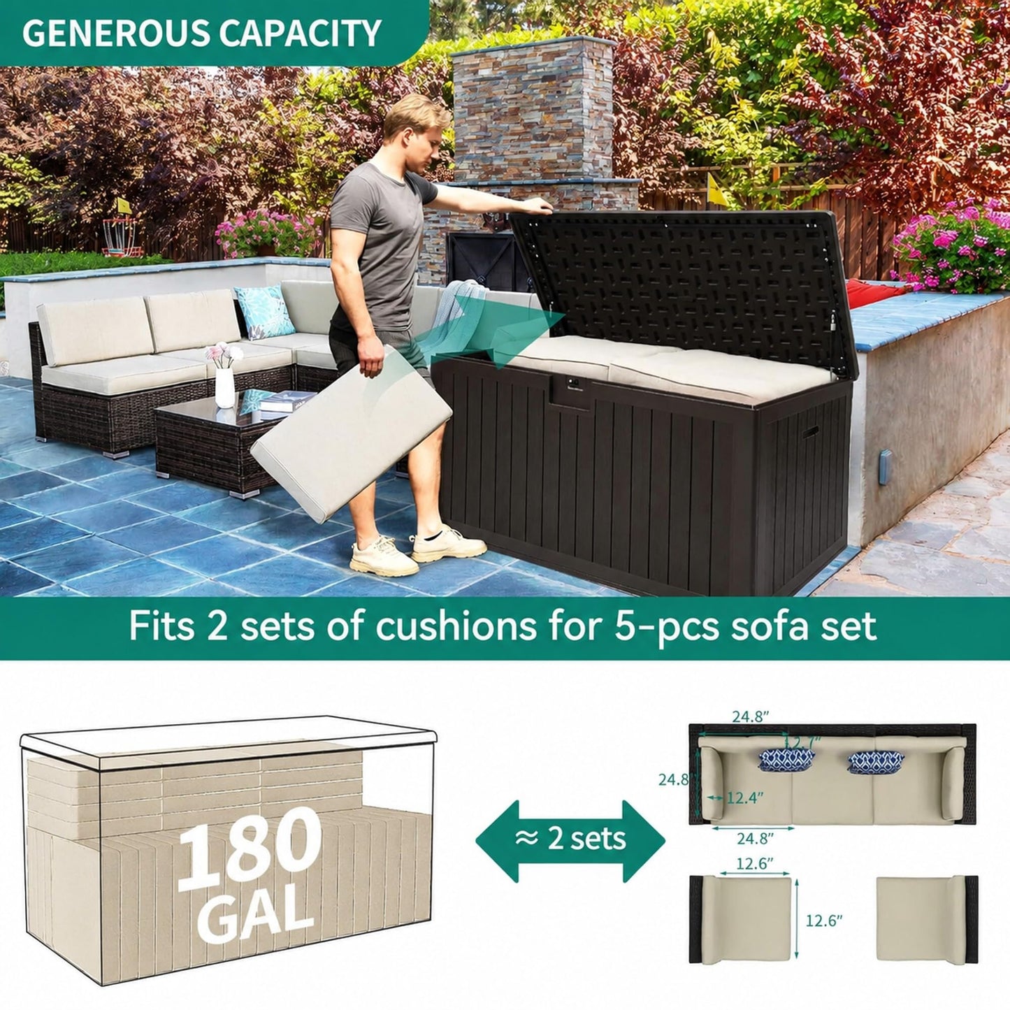 YITAHOME XL 180 Gallon Large Deck Box,Outdoor Storage for Patio Furniture Cushions,Garden Tools,Waterproof,Lockable (Black)