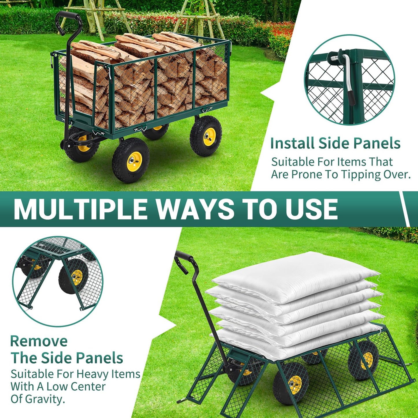Heavy Duty 500 LBS Steel Garden Cart with 10" Tires, Garden Wagon Cart with 180° Rotating Handle and Removable Sides, Metal Wagon for Yard, Farm, Lawn