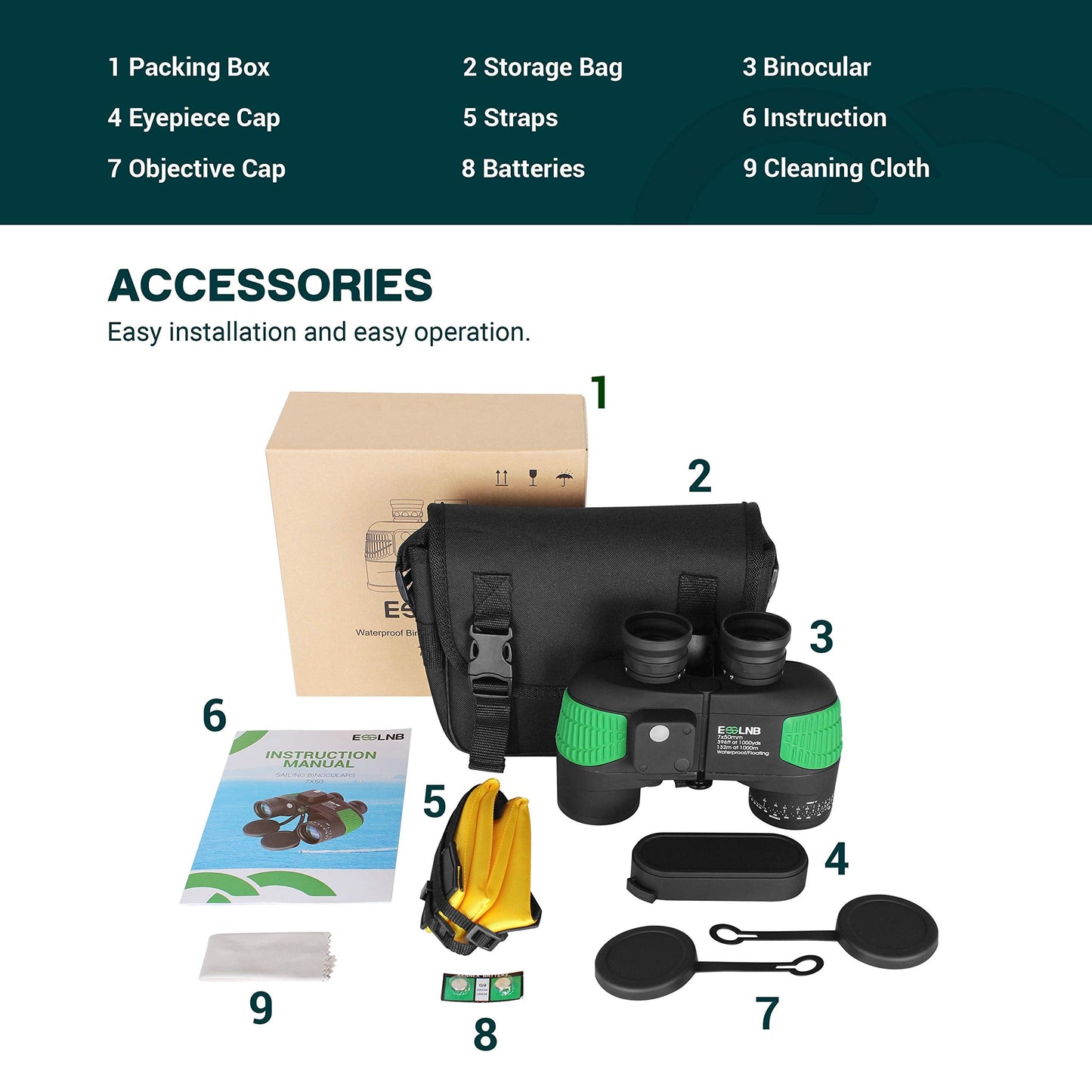 ESSLNB 7X50 Marine Binoculars IPX7 Waterproof Binoculars for Boating with Illuminated Rangefinder and Compass BAK4 Prism FMC Military Floating for Navigation Hunting w/Bag and Strap