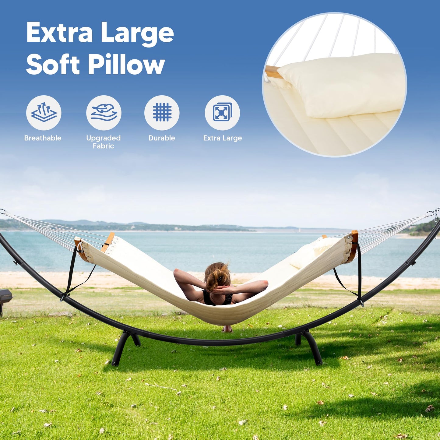 SUNCREAT Hammocks for Outside with Stand, Porch Hammock and Stand, 475 lbs Capacity, Patent Pending, Beige