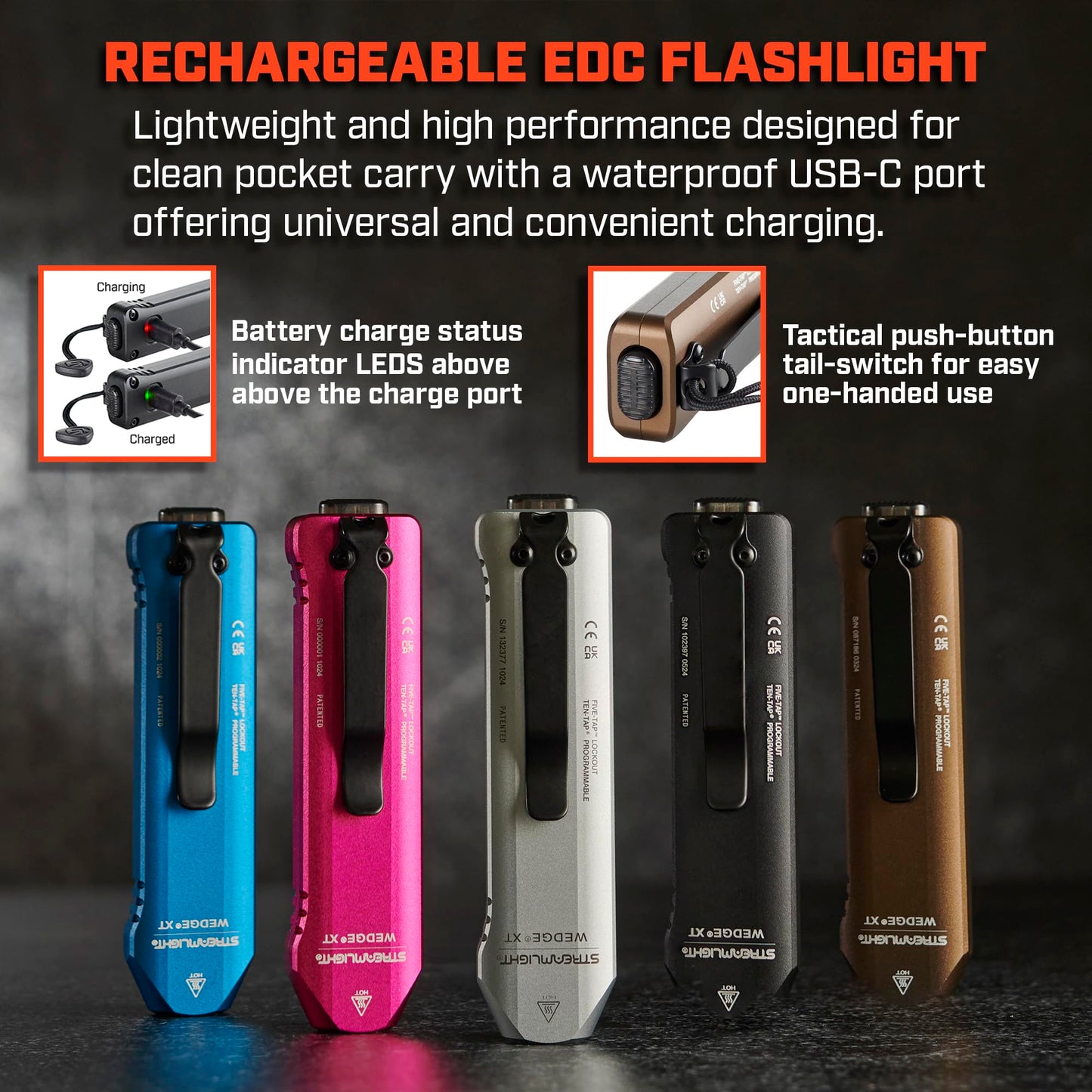 Streamlight 88813 Wedge XT 500-Lumen 1,900-Candela Flat Everyday Carry Flashlight, Includes USB-Cable and Pocket Lanyard, Coyote