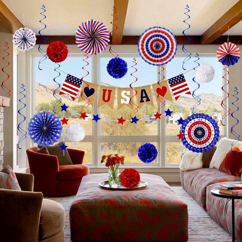 26Pcs Patriotic Decorations 4th of July Decorations LOVE USA Banner Red White Blue Paper Fans Star Streamer Pom Poms Hanging Swirls for Veterans Labor Presidents Flag Memorial Day