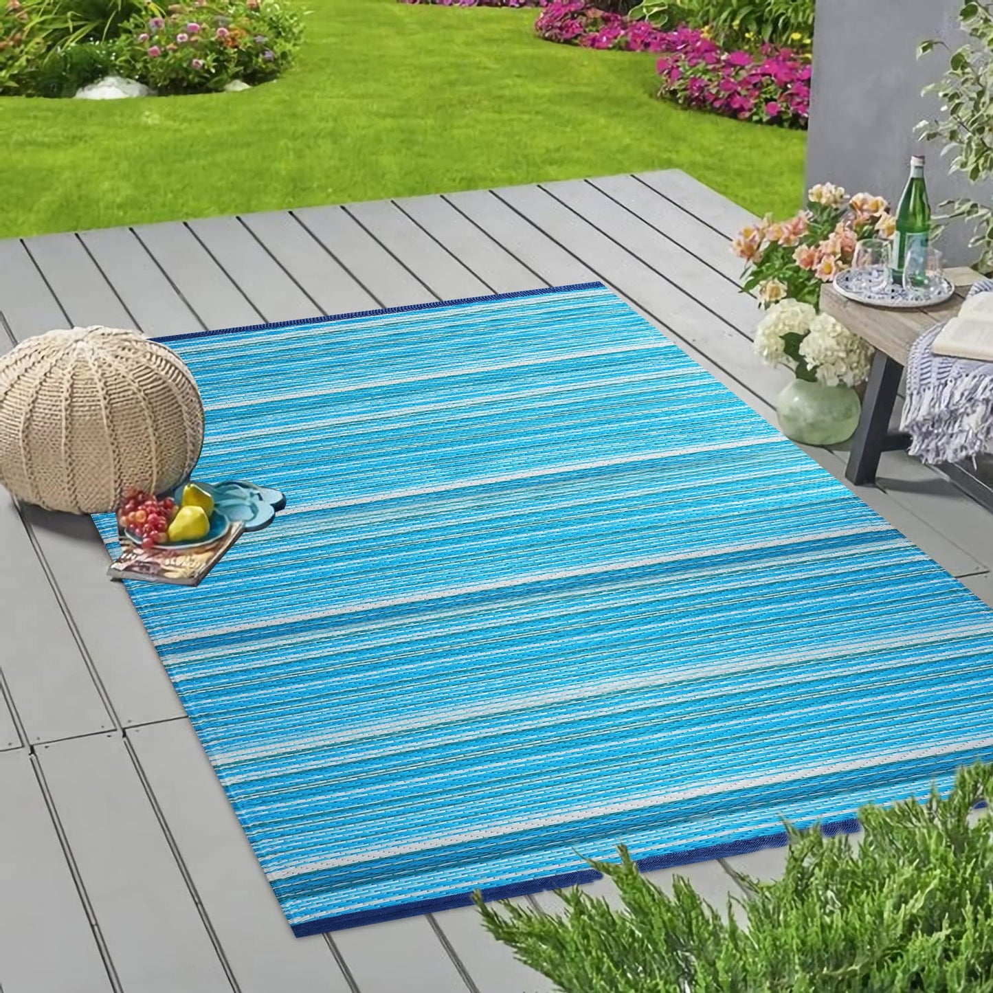 Wefavor Reversible Outdoor/Indoor Plastic Rug Plastic Straw Rug Waterproof Portable Mat, Easy to Clean and Fold,Perfect for Garden, Patio, Picnic, Decking-(Blue,9x12Ft)