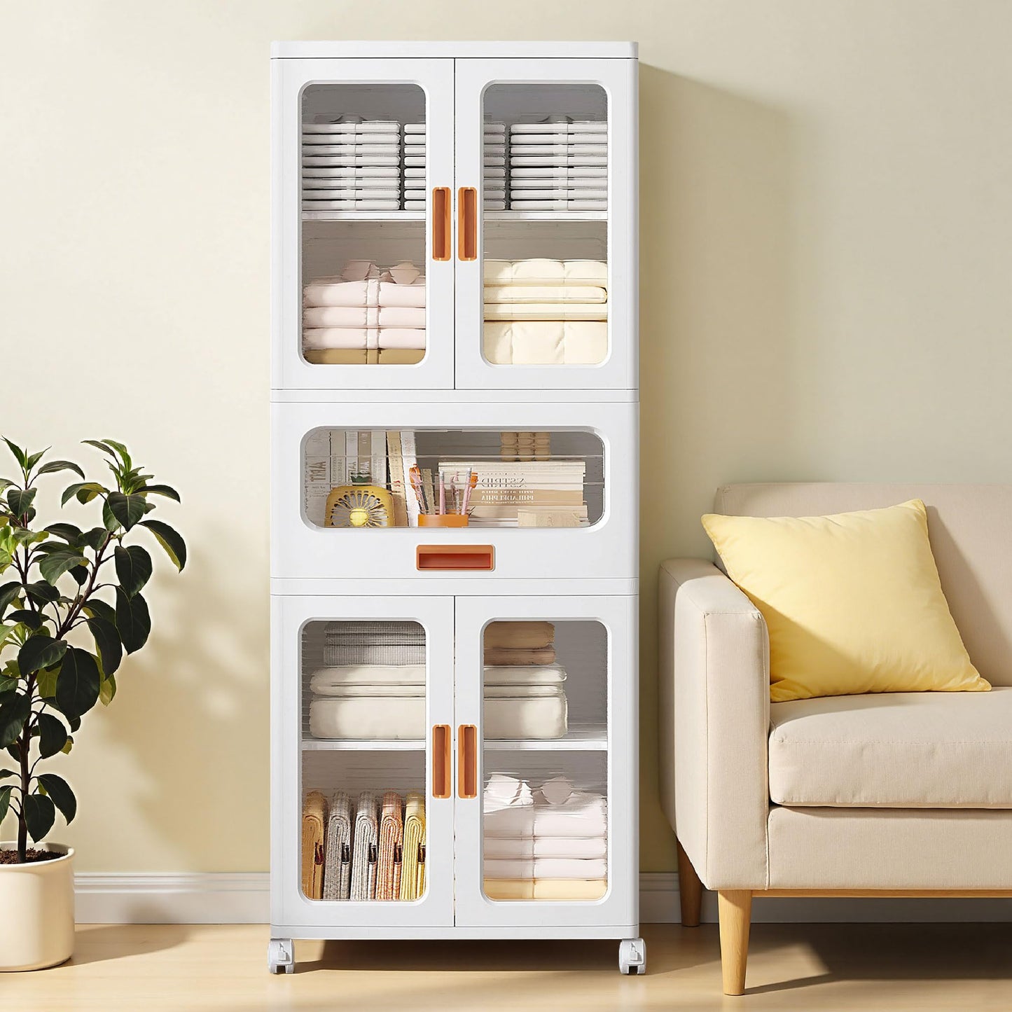 VECELO 226QT Stackable Storage Bins with Lids, Large Collapsible Storage Bins with Drawer and Movable Wheels, Adjustable Shelves, Anti-Tip, for Living Room, Bedroom, Kitchen, White