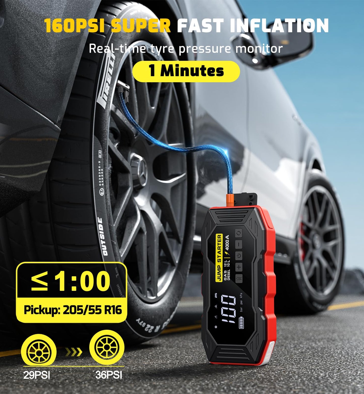 Jump Starter with Air Compressor, Portable Car Battery Jump Starter(12 Gas/10L Diesel), 4000A Peak 160PSI 12V Automobile Jump Box Pack Chargers with Jumper Cables, 4-Mode LED Lights (Black&Red)