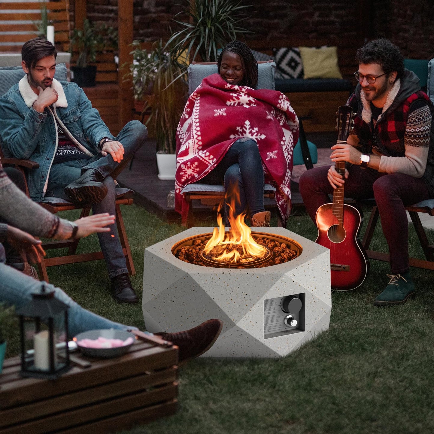 Tangkula Propane Fire Pit Table, 28” Hexagon Terrazzo Gas Fire Pit with Stainless Steel Burner & Lava Rocks, Protective Cover & Tank Seat Included, 40,000 BTU Smokeless Fire Pit for Outside Patio