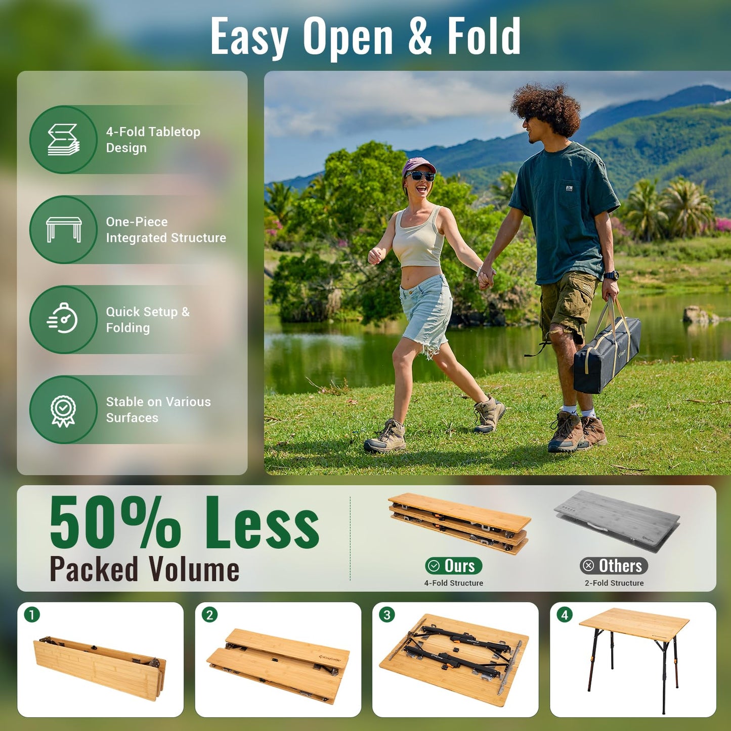 KingCamp Bamboo Folding Table, 4-Fold Camping Adjustable Height Portable Outdoor Lightweight & Compact Table with Aluminum Frame for RV Picnic BBQ Tailgating