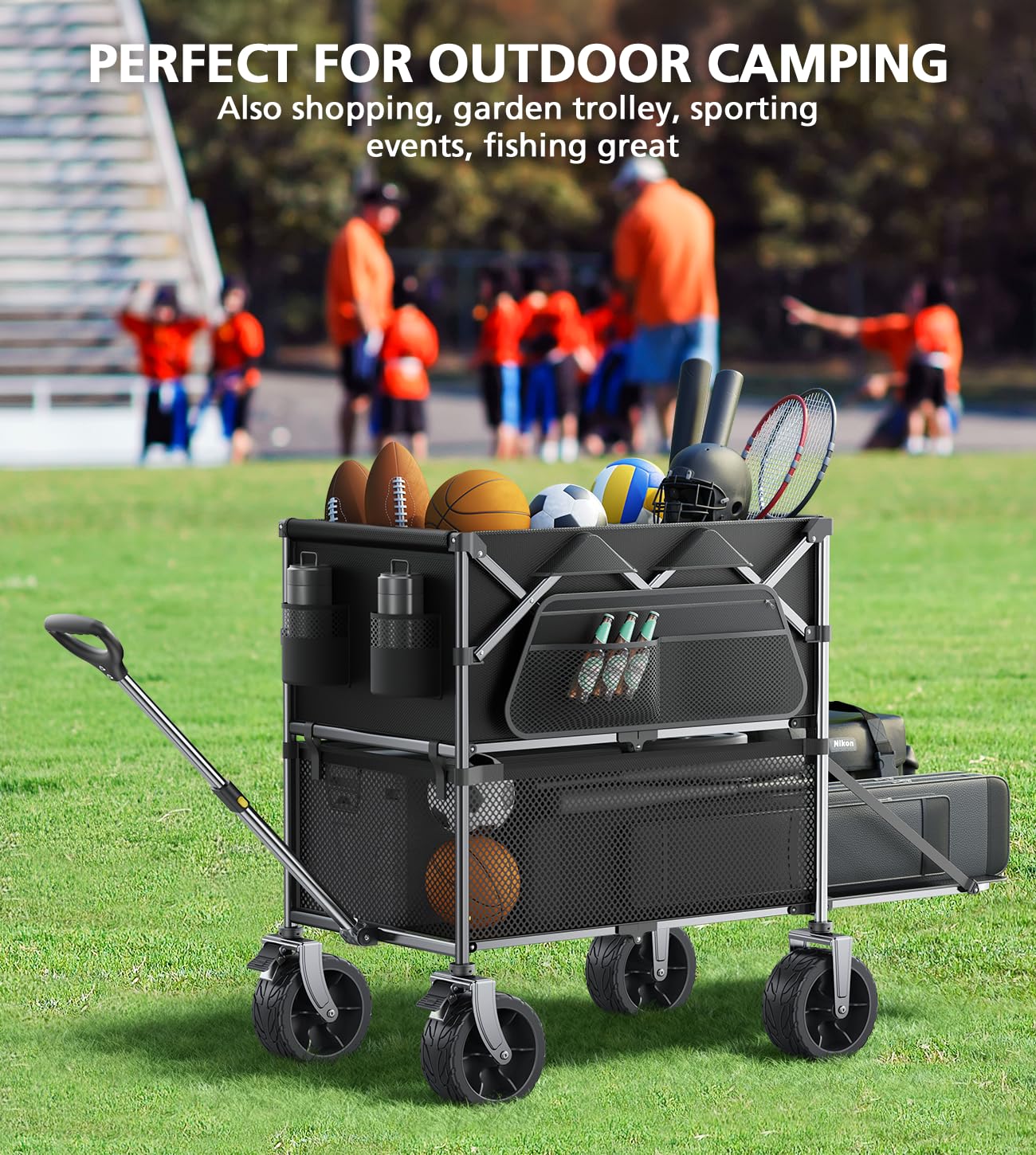Everyfun 480Lbs Foldable Double Decker Wagon Cart,Beach Carts with Large Wheels&Side Storage Pocket&Dustbag,Large Capacity Folding Wagon for Shopping,Garden,Camping,Fish,Sports-Black