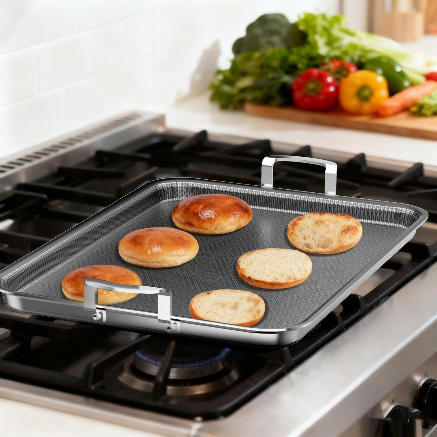 Cooker King 19 x 13 Inch Hybrid Honeycomb Stainless Steel Double Burner Griddle Pan, 3-Ply Nonstick Flat Top Grill Plate & Rectangular Roasting Pan, Metal Utensil Safe, Induction Ready, Oven-Safe