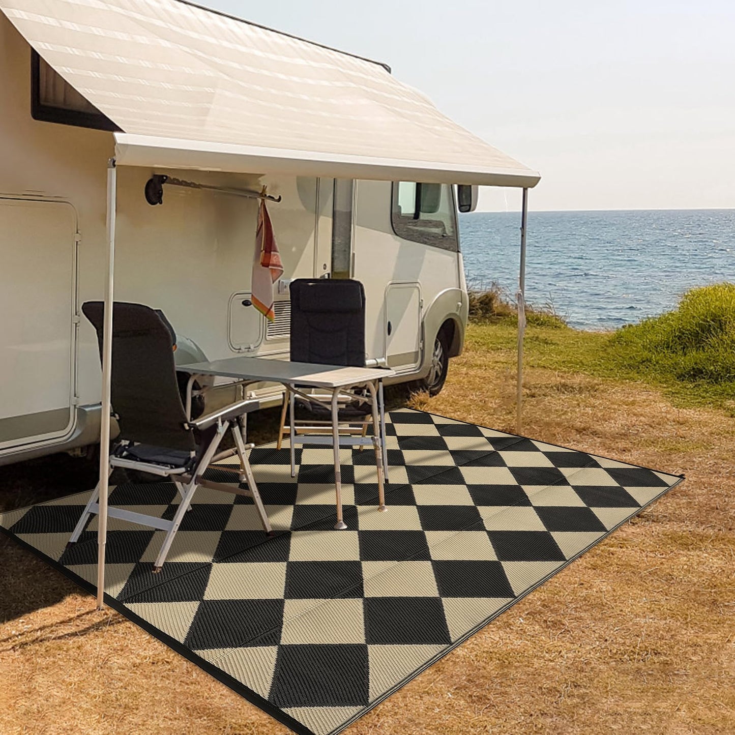GarveeLife 10x14 Outdoor Rug for Patio Reversible, Plastic Straw Rug Waterproof Camping Rug Portable, Foldable Lightweight Mat for RV, Patio, Backyard, Deck, Picnic, Beach (Black/Offee)