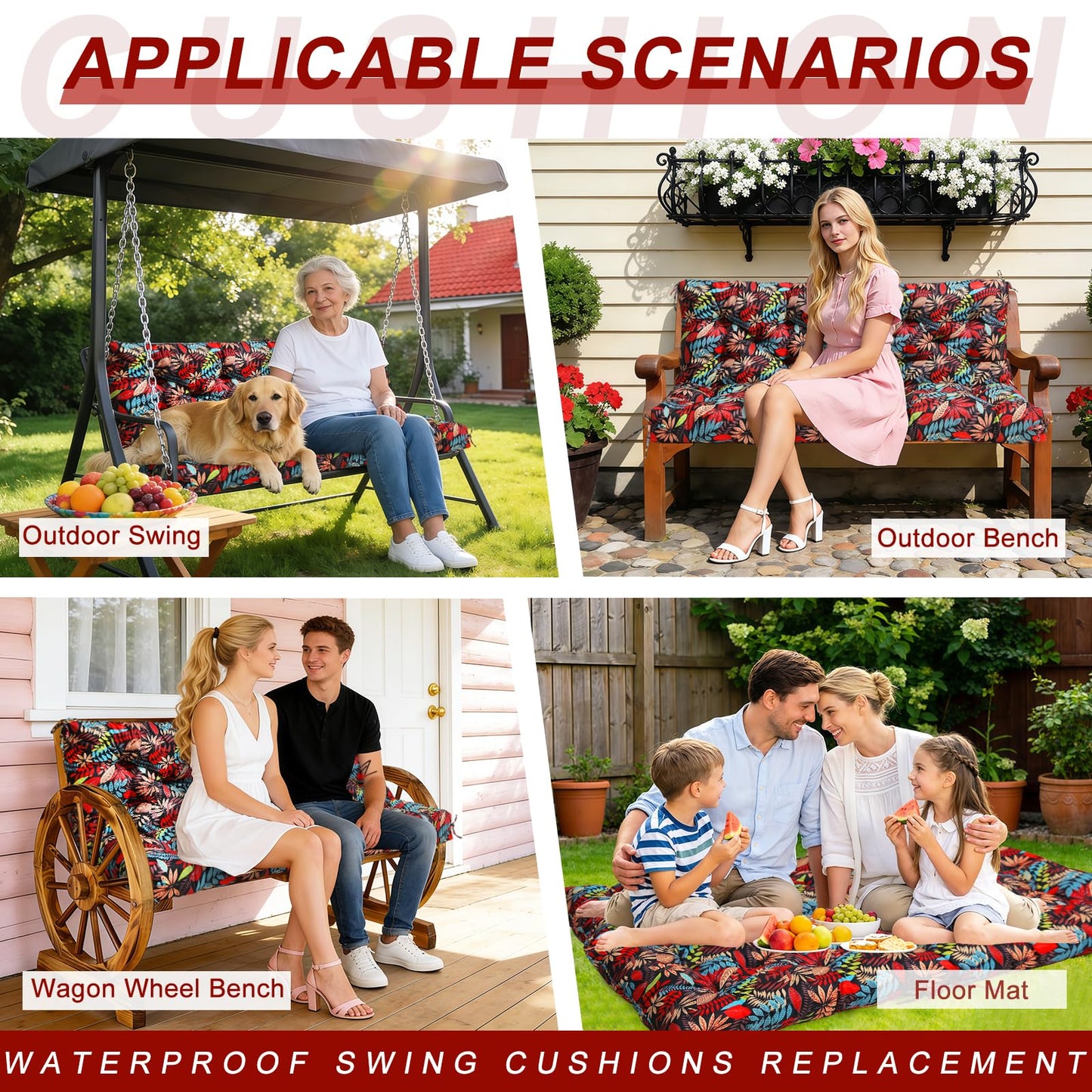Mokoey Porch Swing Cushions 60 inch Bench Cushion Waterproof Outdoor Swing Cushions 3 Seater Thick 5in Replacement Swing Cushions for Outdoor Furniture Patio (Red Leaves-60x40 inch)