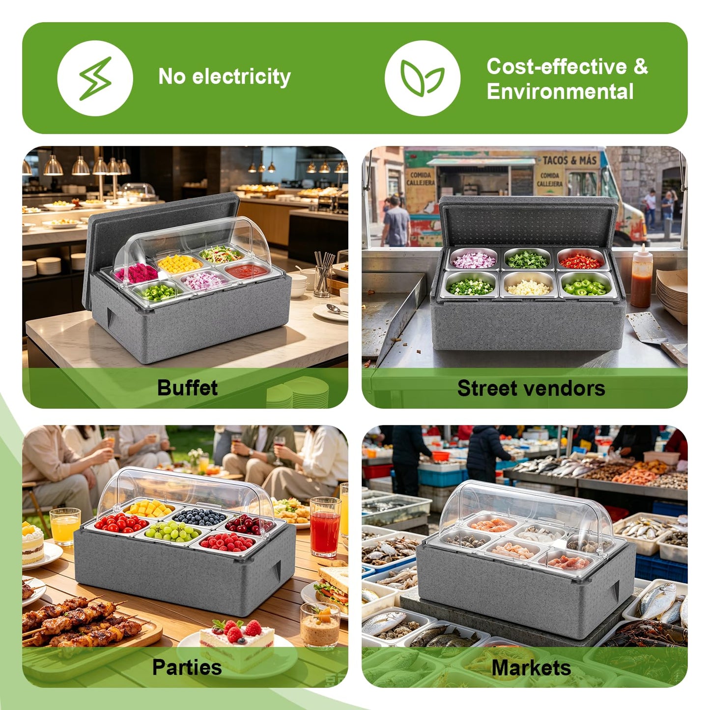 Tragaomx Insulated Cold Food Buffet Ice Serving Tray with Lid Insulation Box 6 Pans 2 Ice Packs Cooled Condiment Serving Container Ice Platter Food Cooler For Parties Buffets Fruit
