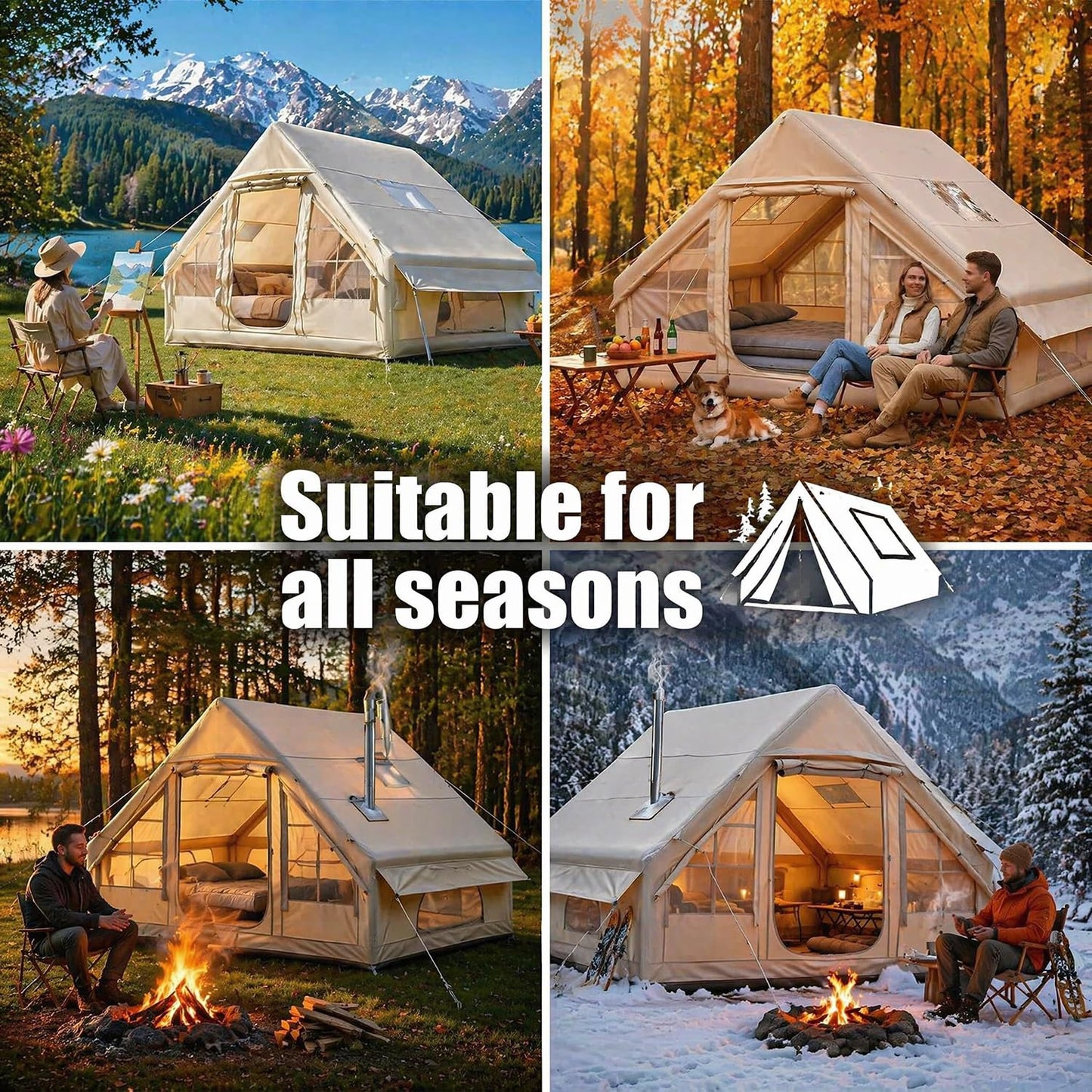 Gouyu 4-6 Person Inflatable Camping Tent, Panoramic TPU Skylight & Privacy Cover, 420D Oxford Waterproof UPF30+, PVC Air Beams, Mesh Ventilation, 5-Min Quick Setup Blow Up Tent for Family (A)