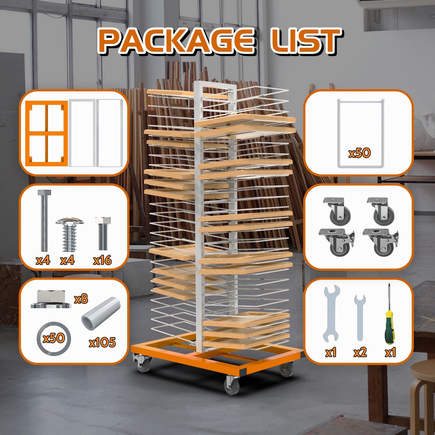 BERPET 50-Shelf Cabinet Door Paint Drying Rack - Heavy Duty Steel Mobile Stand, 1500 LBS Total Capacity (30 LBS/Tier) - Woodworking & Art Studio
