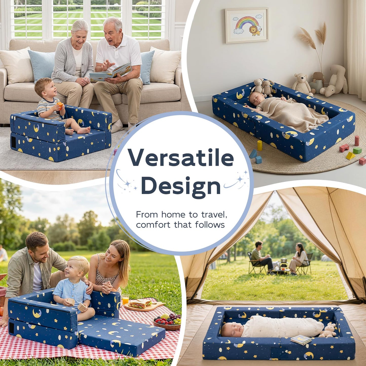 FRUITEAM Portable 3-in-1 Toddler Travel Bed, Soft Fabric & High-Density Foam, Easy-Clean Machine Washable Cover with Moon Star Cloud Print for Camping & Indoor/Outdoor Use - Blue