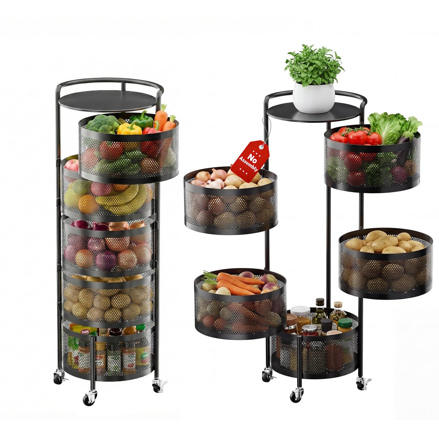 JAQ No Assembly 5-Tier Kitchen Storage Cart with Wheels, Rotating Produce Organizer for Onion, Potato & Vegetable Storage, Large Capacity Pantry Storage Rack, Black