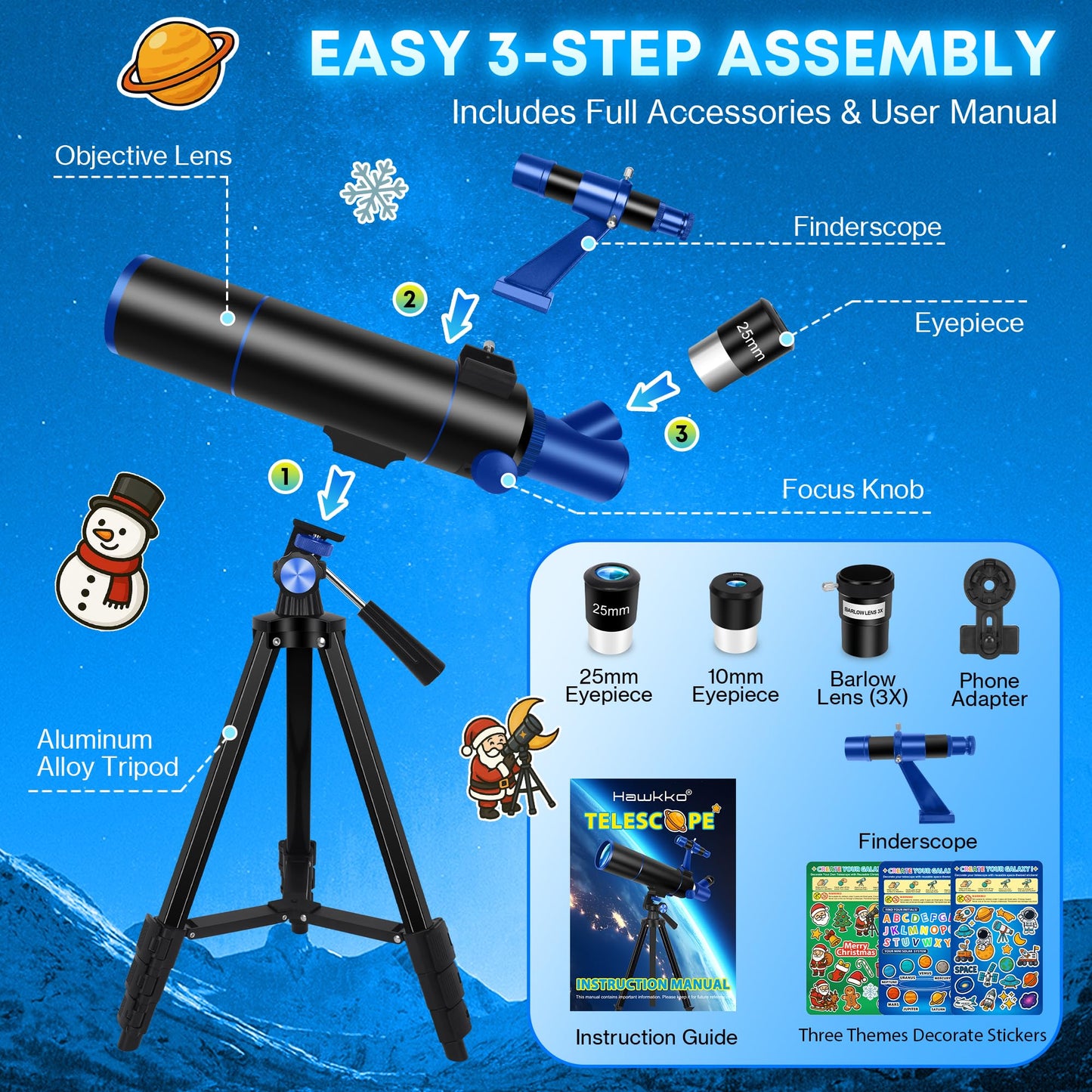Hawkko Telescope for Adults & Kids Beginners, 80mm Aperture 500mm Telescopes for Adults Astronomy, (20X-150X) Portable Refractor Telescope Kit with Decorate Stickers, Backpack, Phone Adapter-BlackBlue
