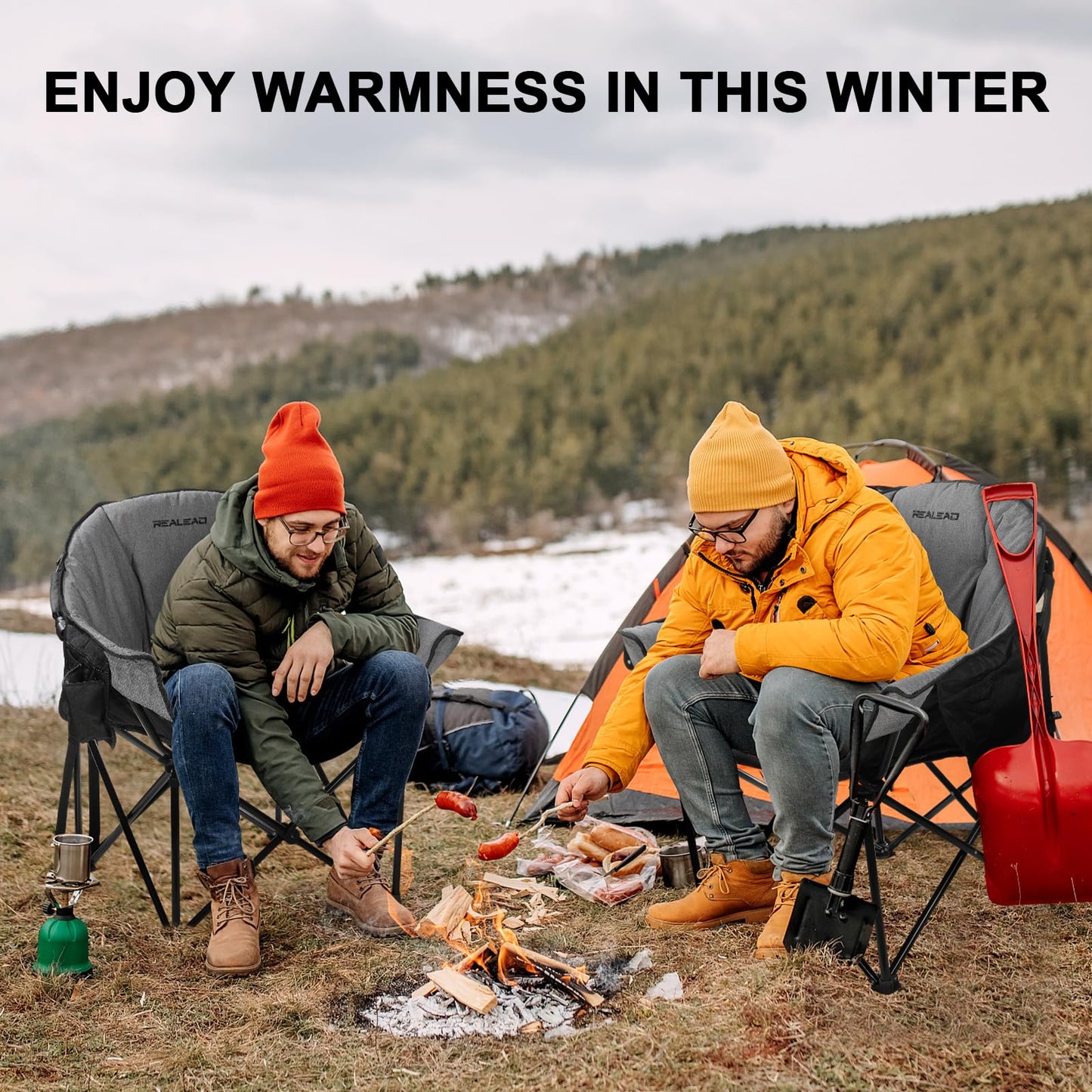 REALEAD Heated Camping Chair - Fully Thick Padded - Heated Chairs for Outdoor Sport with Back and Seat Heating - Heated Outdoor Chair for Adults - Battery NOT Included